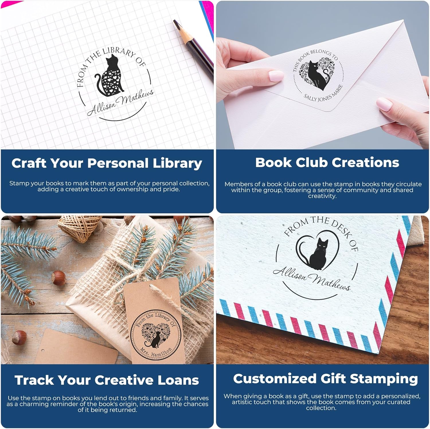 Customized Book Lover Stamper, Wood Handle Lively Kitten Design, 1-5/8 Stamp Size, Ideal for Bookworms, Custom Made Library Stamper