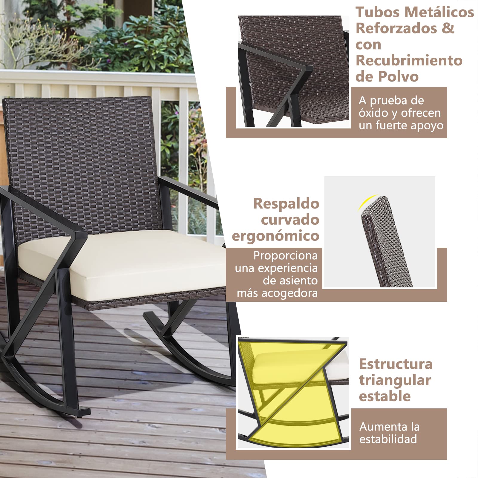 COSTWAY Conjunto de Mecedora de Jardín 3 Piezas, Sillas de Mecedora de Mimbre PE con Cojín Lavable y Mesa Auxiliar, Mesa y Sillas Terraza, Piscina, Balcón