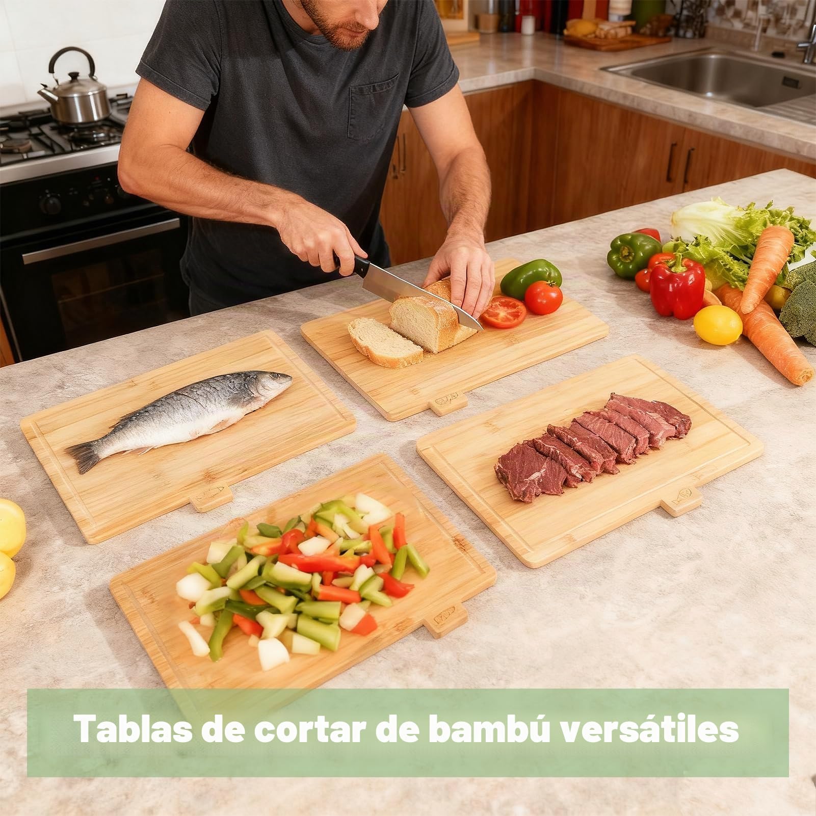 Juego de 4 tablas de cortar de bambú de 32 x 22 cm, juego de tablas de cortar de madera con soporte, juego de tablas de cortar con iconos de alimentos, ranura para jugo, ideal para carne, pescado, pan
