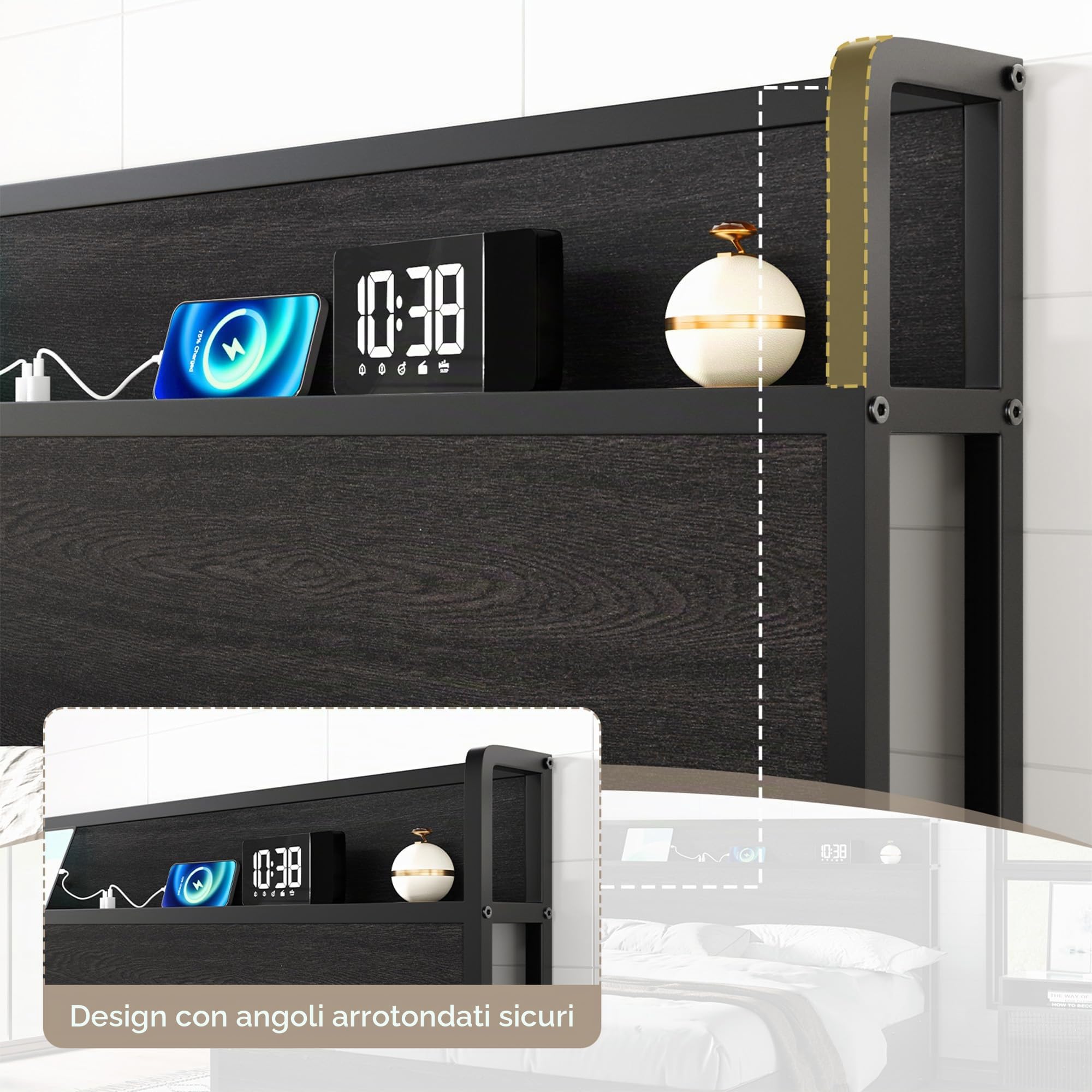 LUXOAK Letto Contenitore con Sollevamento 140 x 200 cm, Spazio Contenitore e Stazione di Ricarica, Nessun Box Spring Necessario, Silenzioso, Nero, Senza materasso