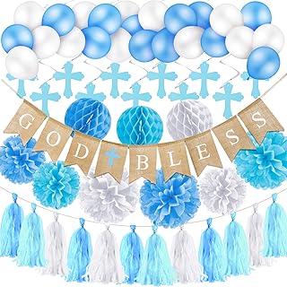 58 Pieces Baptism Decorations for Boy First Communion Decor God Bless Banner Cross Swirl Hanging Decor Paper Honeycomb Bal...