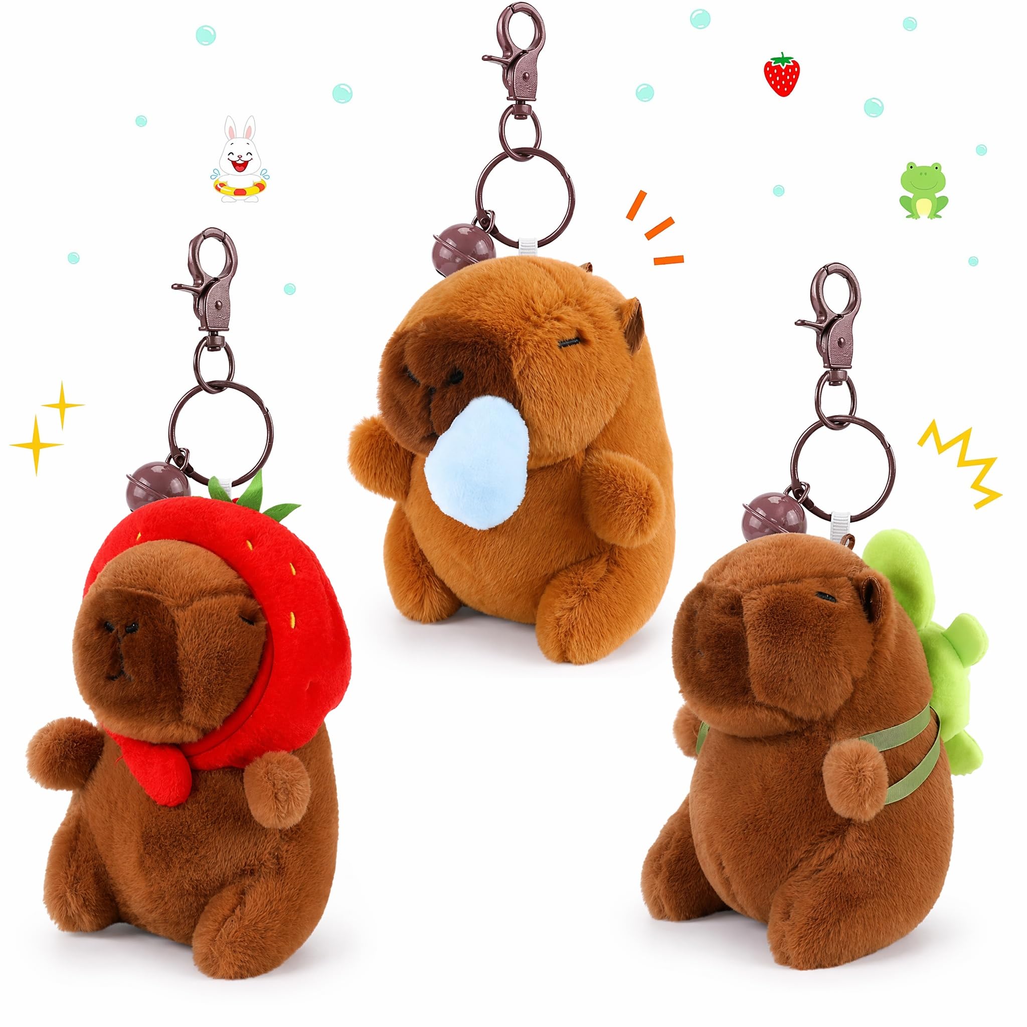 3Pcs Capybara Plush Keychains,Cute Stuffed Animal Soft Keyrings Bag Charms