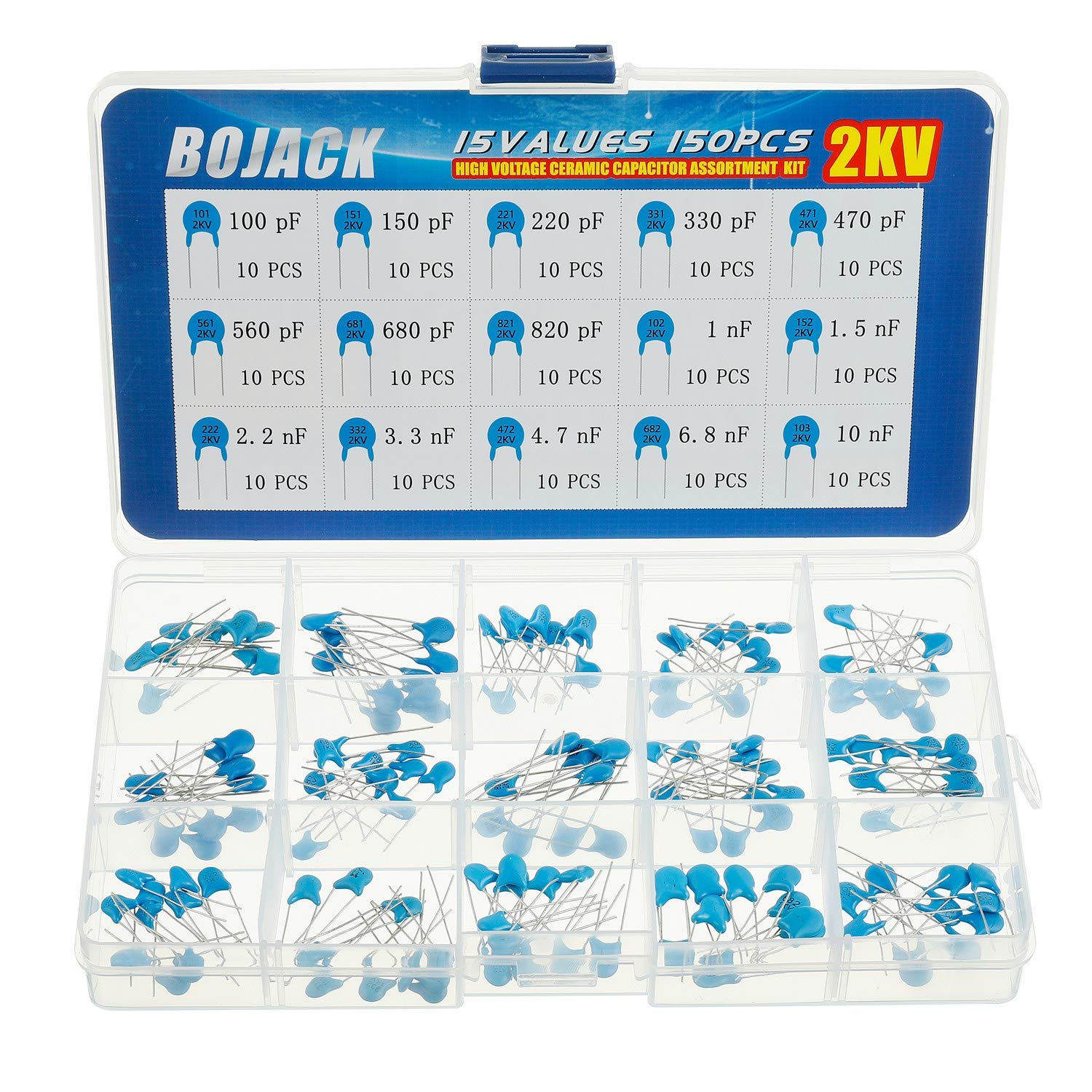 BOJACK15 Values 150 Pcs 2KV / 100pF to 10nF High Voltage DIP Ceramic Capacitor Assortment Kit