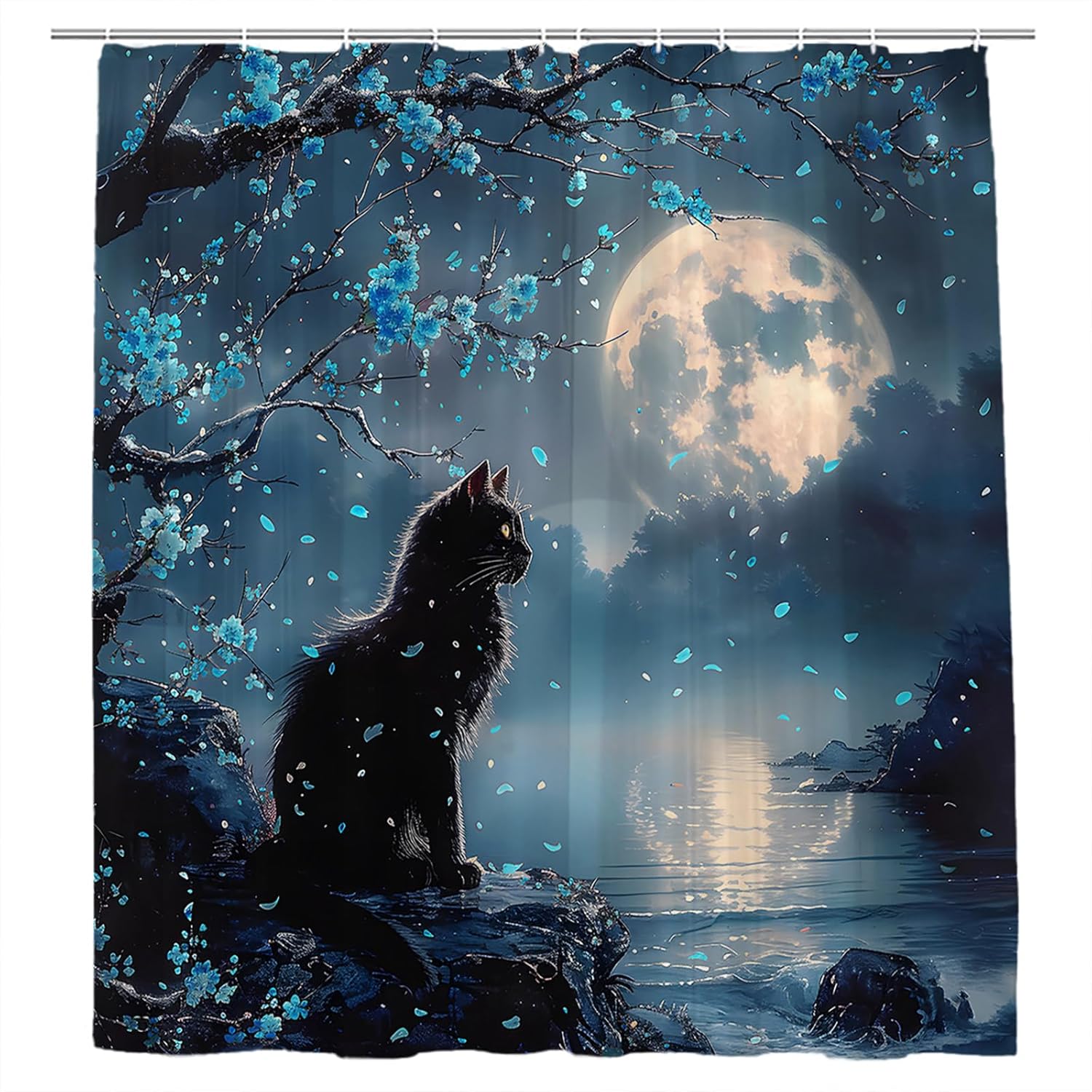 Black Cat Shower Curtain Kitten and Cherry Blossoms Trees Under The Full Moon Rustic Red Floral Farmhouse Ink Painting Bathroom Decor Curtains 94x70 inch with Hook