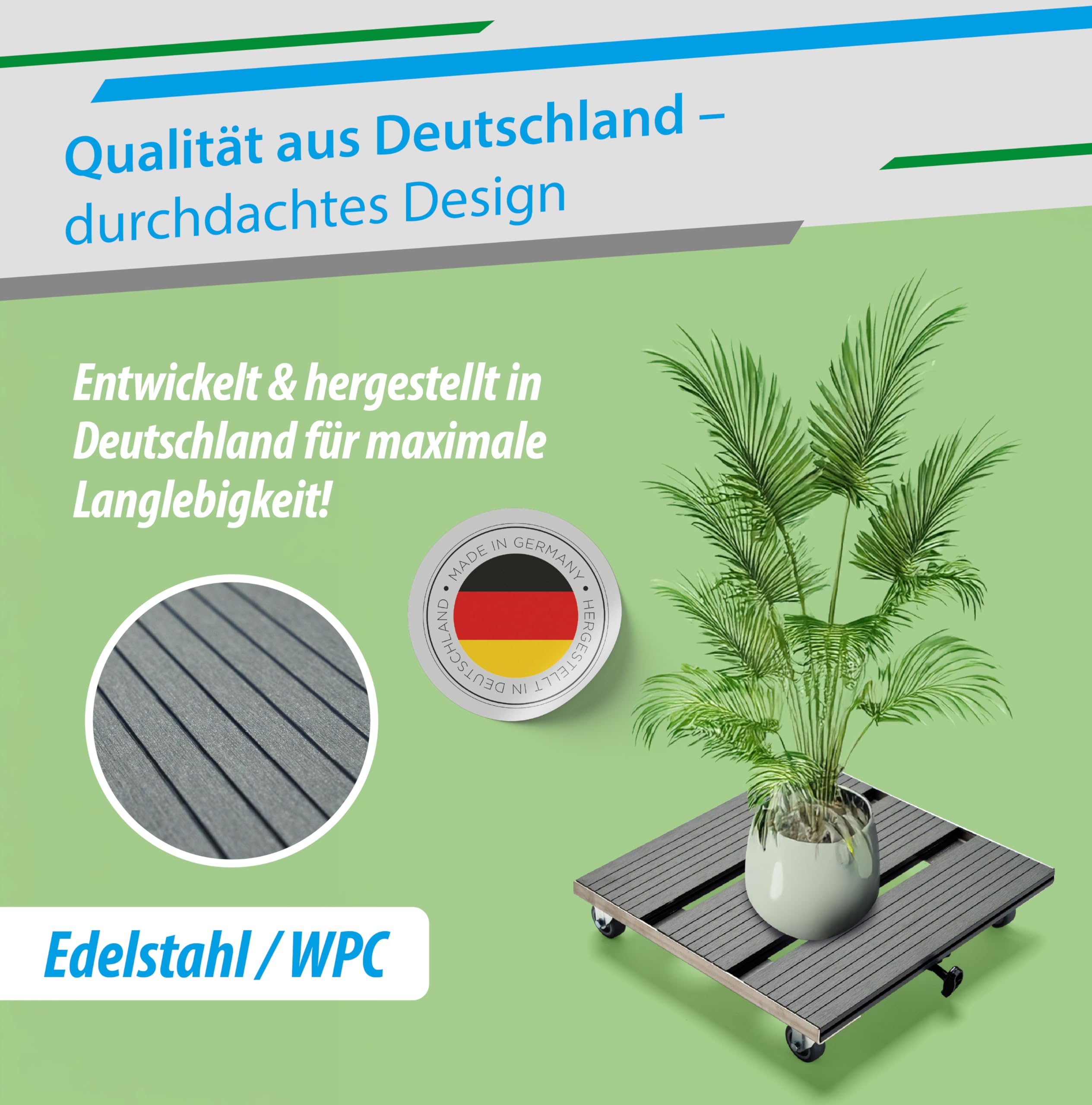 PlantMOVER Pflanzenroller mit Seilzug - 150kg Tragkraft 42x42cm – Edelstahl/WPC Pflanzenroller eckig mit robusten Rollen - Witterungsfestes Rollbrett für Pflanzen - Einfach ziehen, Made in Germany