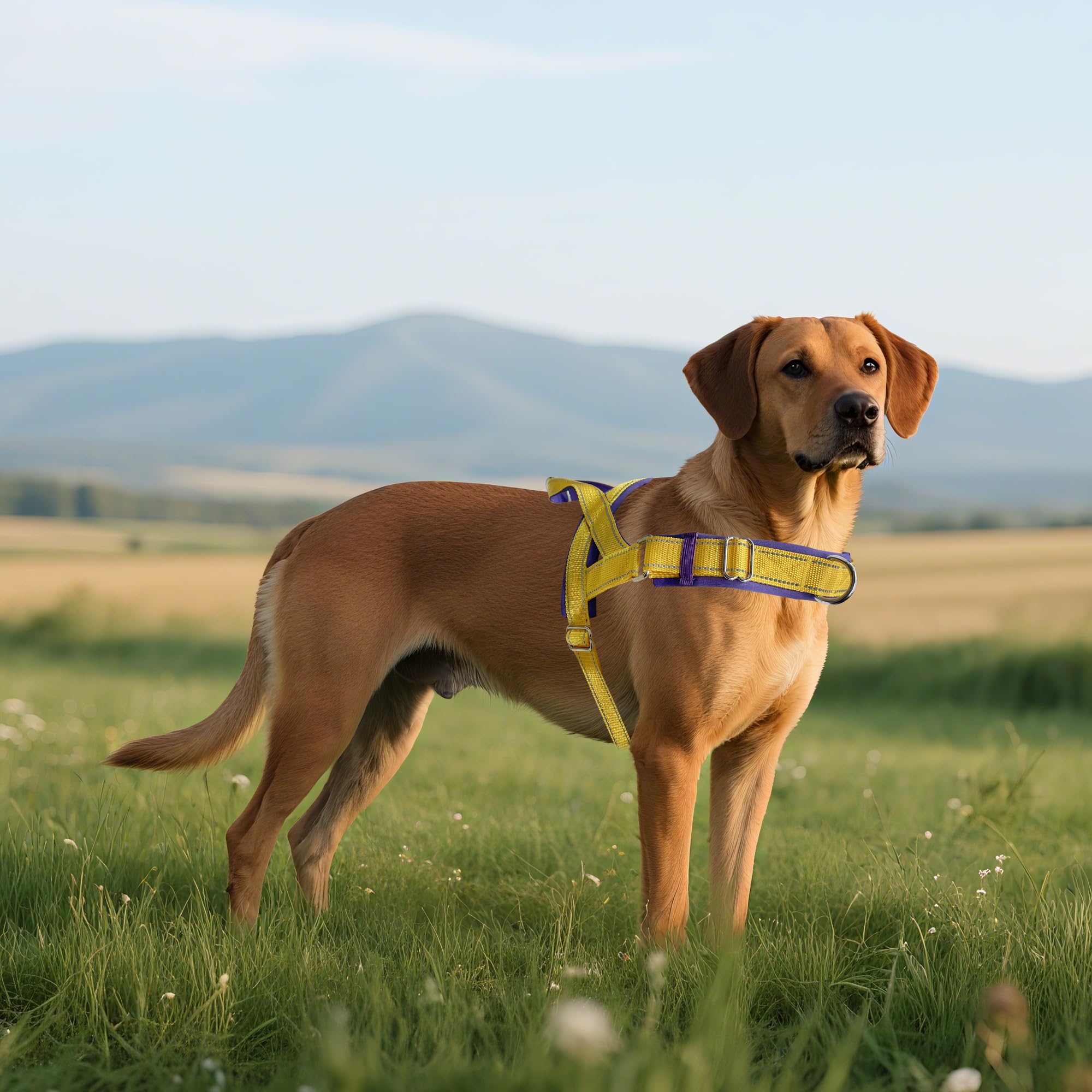 AIITLE Arnés Ajustable Mejorado para Perros con Acolchado Suave y cómodo, Chaleco táctico a Prueba de Fugas, arneses Reflectantes Ligeros para Perros medianos Amarillo-púrpura S
