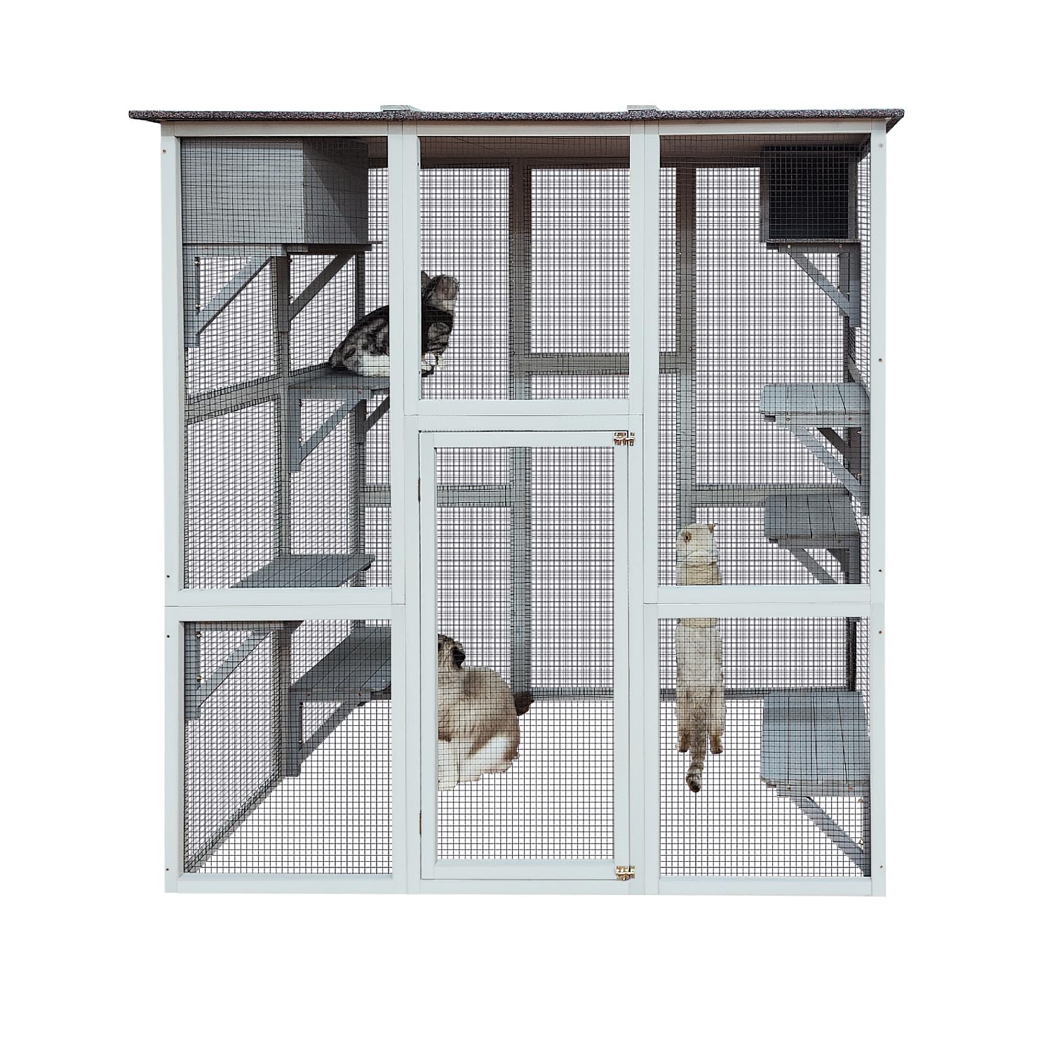 KELRIA 71 Inch Wooden Catio Outdoor Cat Enclosure, Large Cat House with 8 Jumping Platforms, 2 Napping Houses & Weatherproof Asphalt Roof, Walk-in Kitty Condo Shelter Playpen for Multiple Pets, White