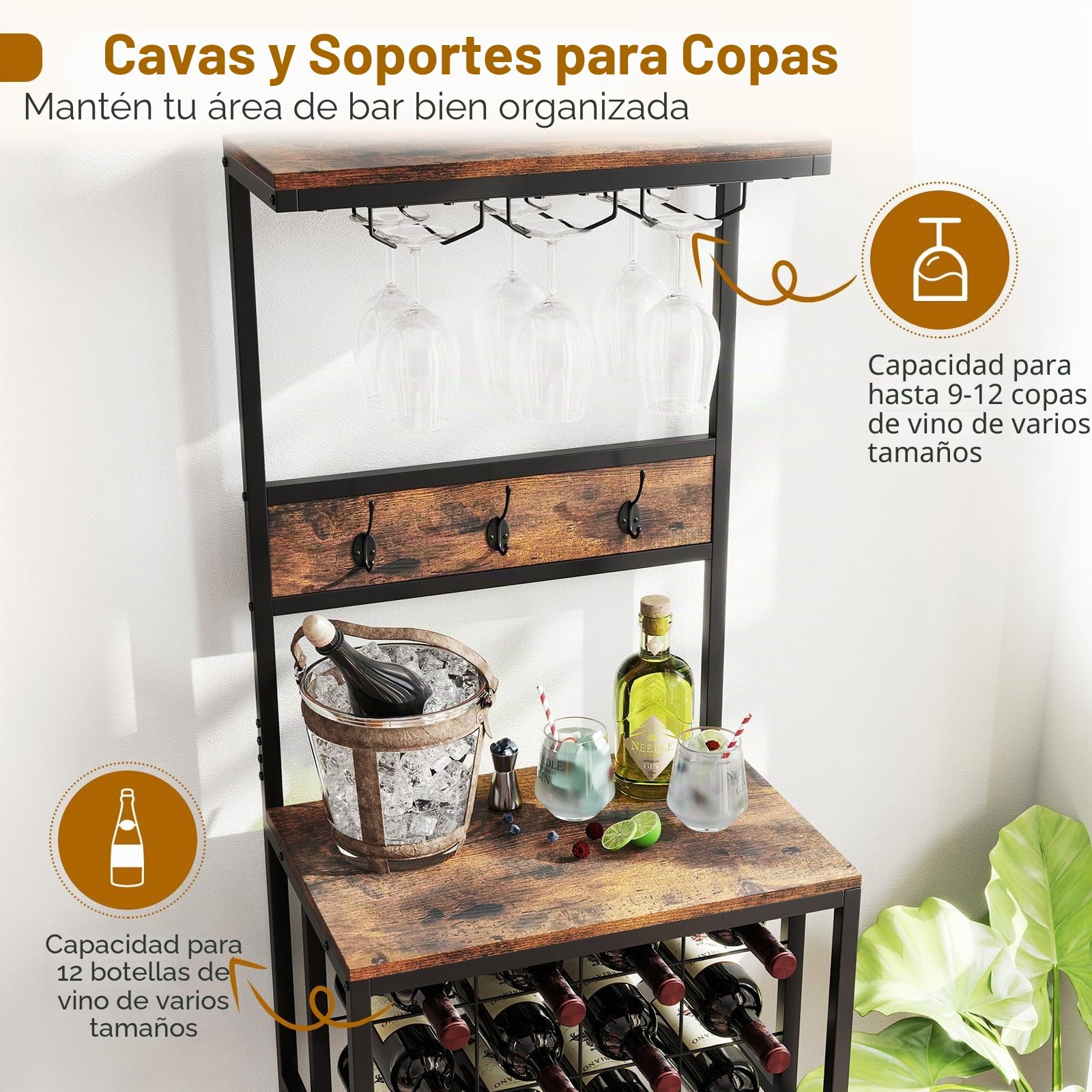 GIANTEX Estantería de Cocina con Botellero para 12 Botellas, 3 Ganchos Dobles y Portavasos, Mueble para Almacenamiento de Vino, 54x37x156cm, Carga Total hasta 150 kg, Organizador para Comedor, Bar