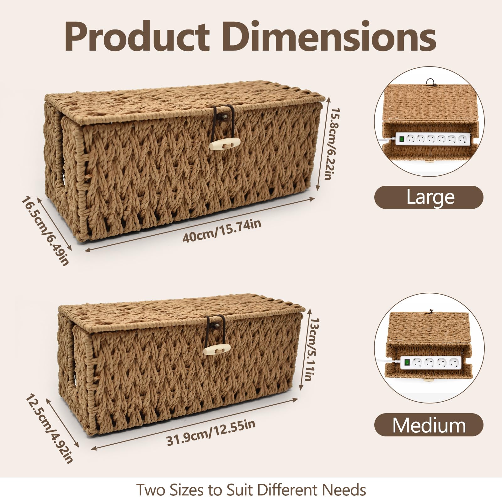 2 Stück Kabelbox Handgefertigte Wasserhyazinthe, Kabelmanagementbox mit Bambusdeckel, Kabelaufbewahrung mit Seitlicher Öffnung für Büro Arbeitszimmer und Haus, Naturfarben