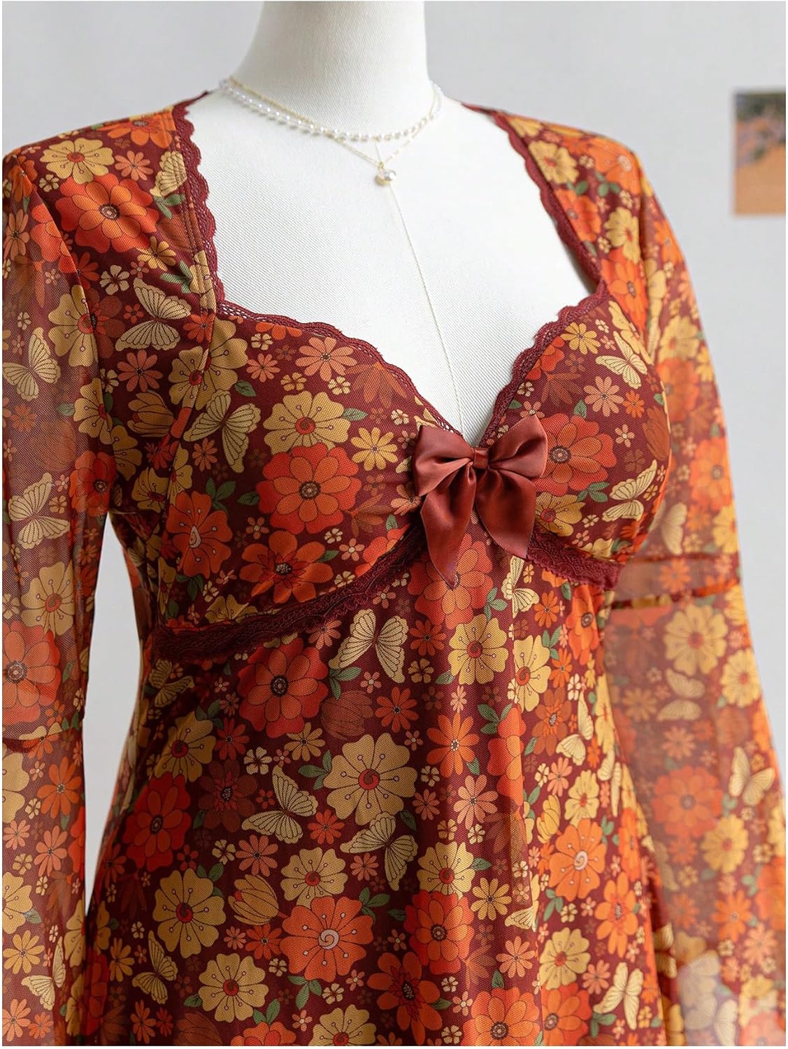 Women's Y2k Plus Size Hippie Vintage Boho Dress Leopard Bell Long Sleeve V Neck Bow Mesh Goth Mini Dresses - Image 2