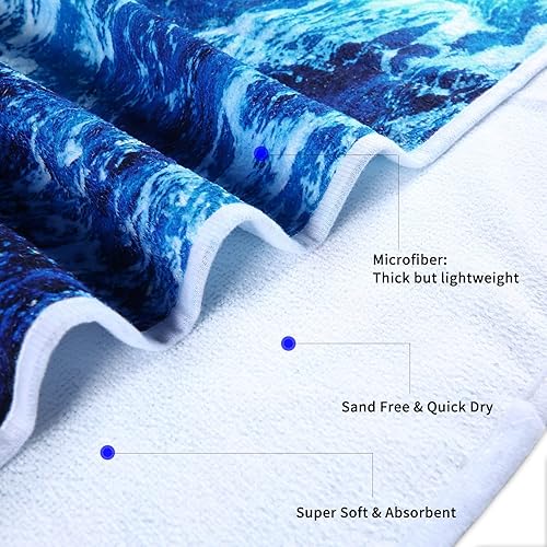 Miniatura 5 de Toalla de playa grande para hombre y mujer, toallas de playa de microfibra azul con ondas marinas, de gran tamaño, de secado rápido, a prueba de