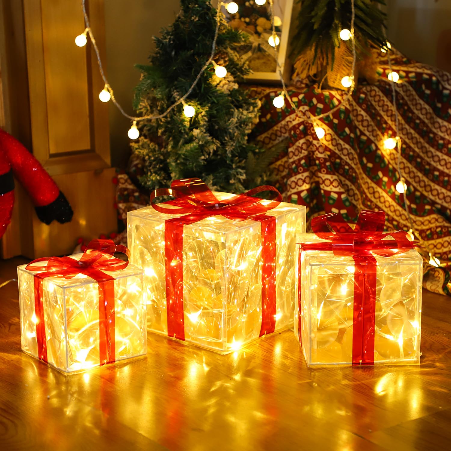 Cajas de regalo iluminadas de Navidad, juego de 3, regalos de oropel preiluminados con lazo, adorno de falda de árbol de Navidad iluminado, interior y exterior, enchufable (blanco cálido)