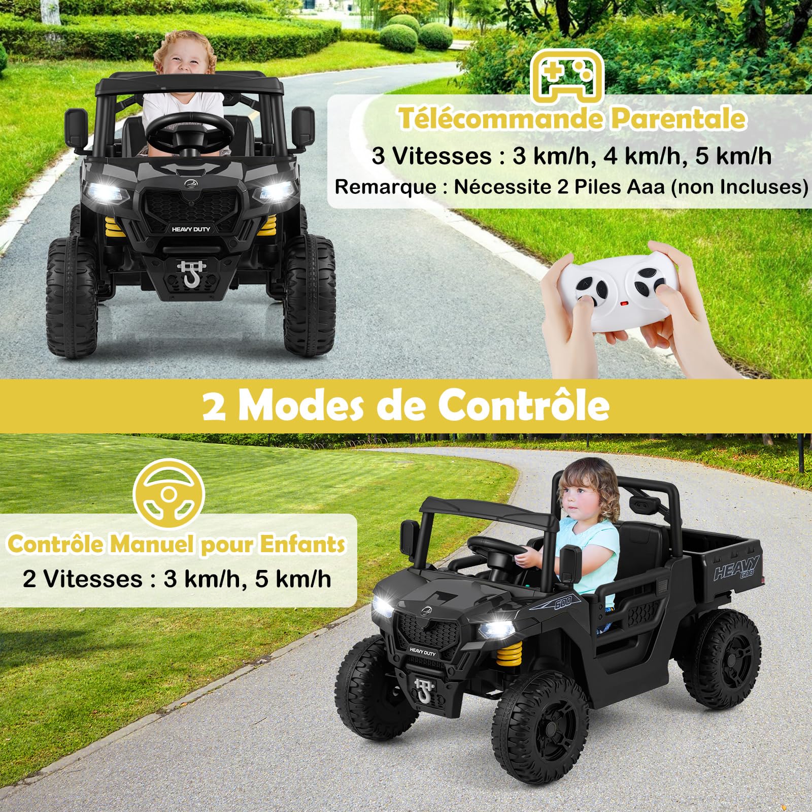 COSTWAY 12V Voiture Électrique Enfant avec Télécommande & Benne, Véhicule Électrique avec Lumières LED & Musique & Klaxon, Démarrage Lent, 3-5 km/h, Charge 30kg,Tracteur Enfant pour 3-8 Ans (Noir)