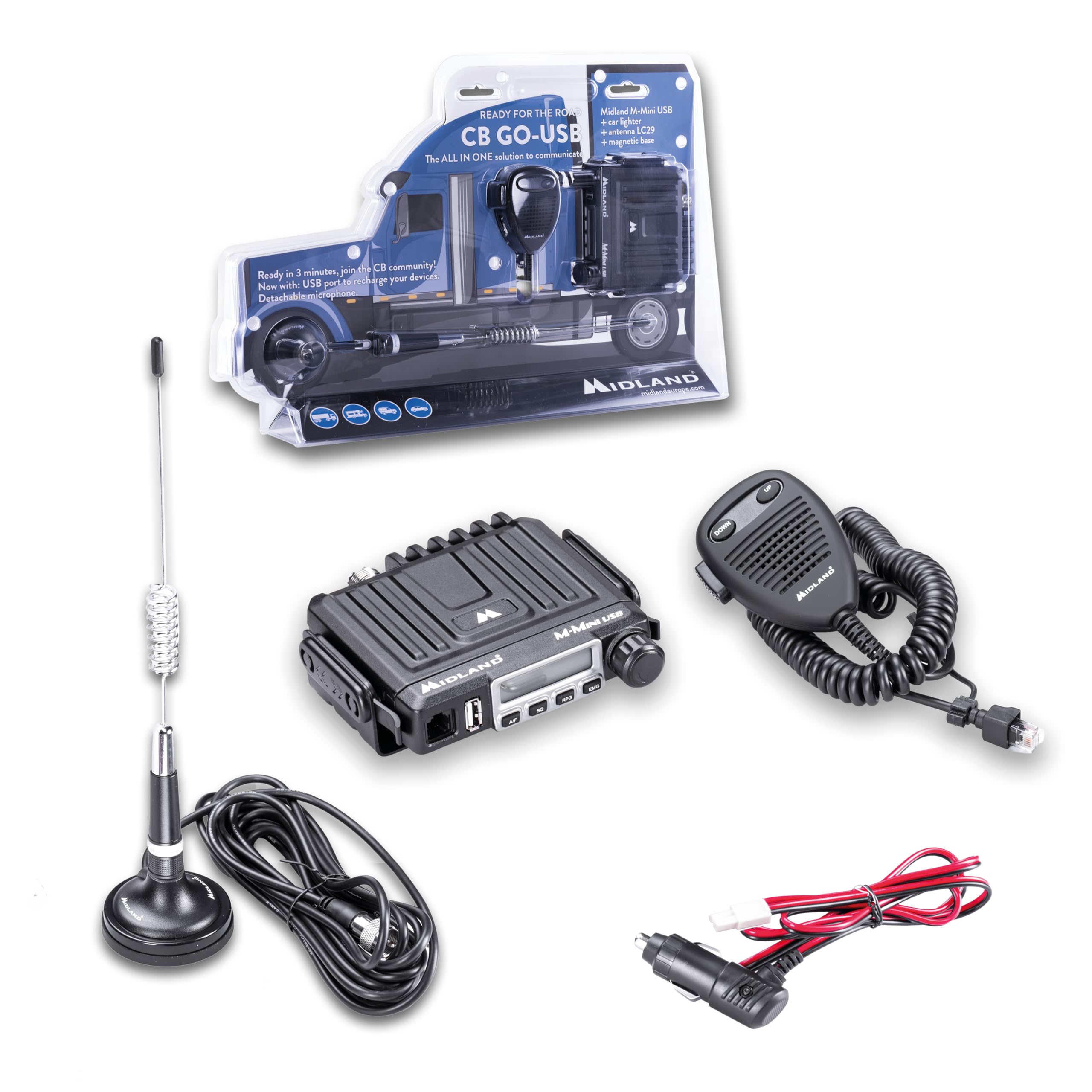 Midland- Radio CB GO-​USB, Radio Récepteur Émetteur Portable sans Licence avec M-​Mini USB, 40 Canaux AM/​FM et d'urgence 9/​19, 4W, Écran LCD S-​Meter, Double Squelch, Prise et Antenne magnétique LC29
