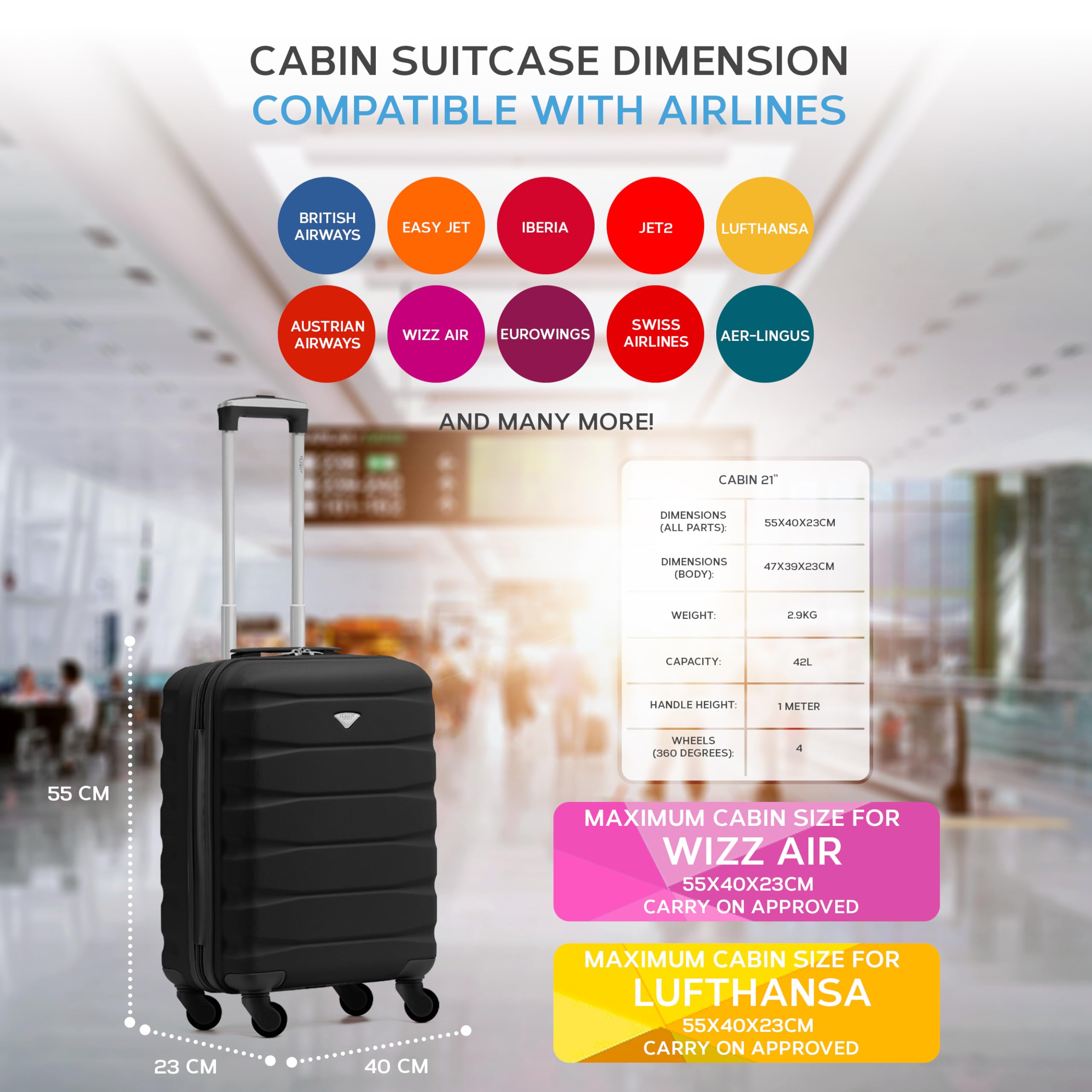 Flight Knight 55 x 40 x 23 cm Cabin Bag, Suitcase for Lufthansa & Over 30 Airlines Including British Airways, EasyJet Travle Bag- Lightweight Durable 4 Wheel Carry On Suitcase, Hard Shell- 55x40x23