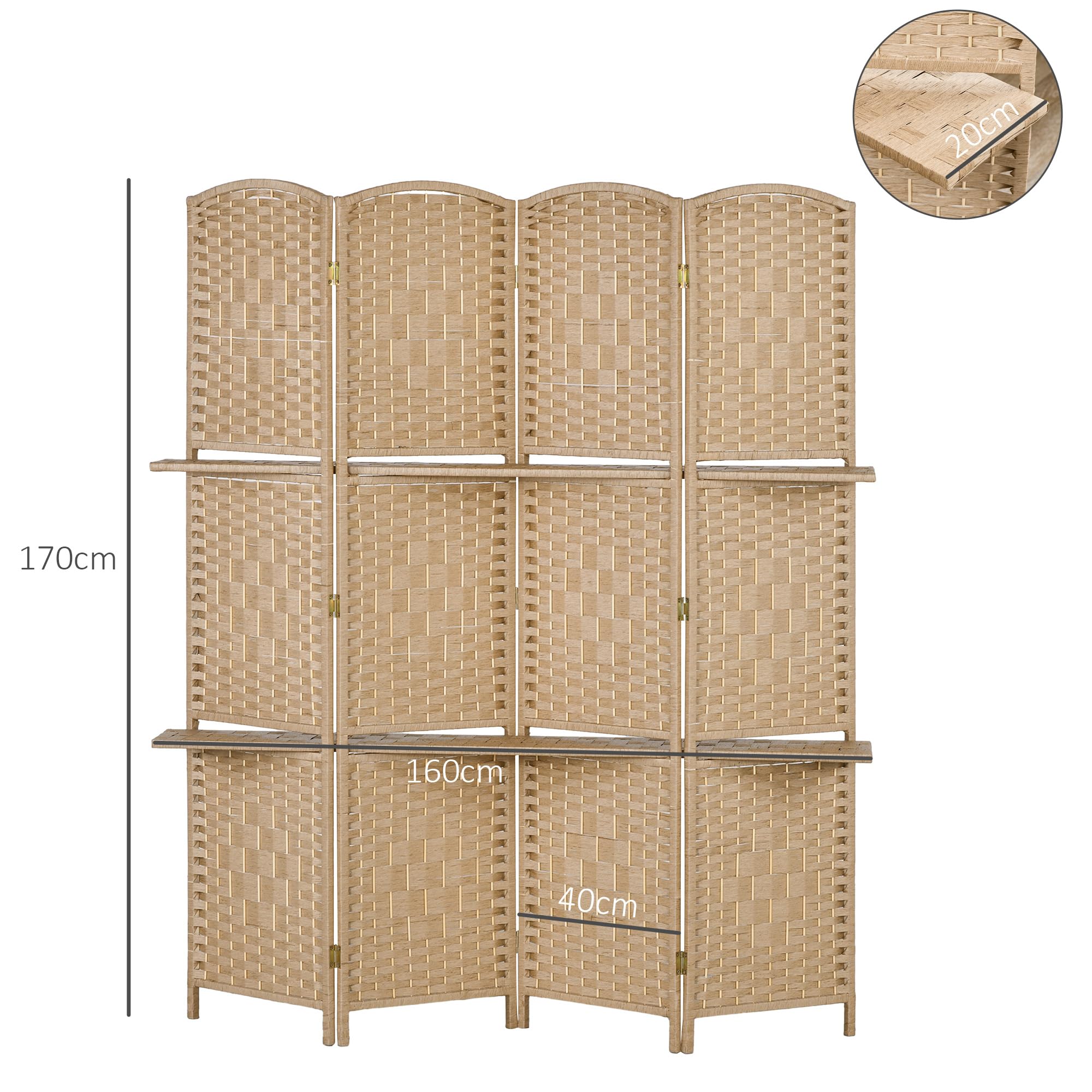 HOMCOM Paravent séparateur de pièce 4 Panneaux 160 x170 cm avec 2 étagères, Pliable, en Bois pour Le Bureau, Salon, Chambre, Bois Naturel