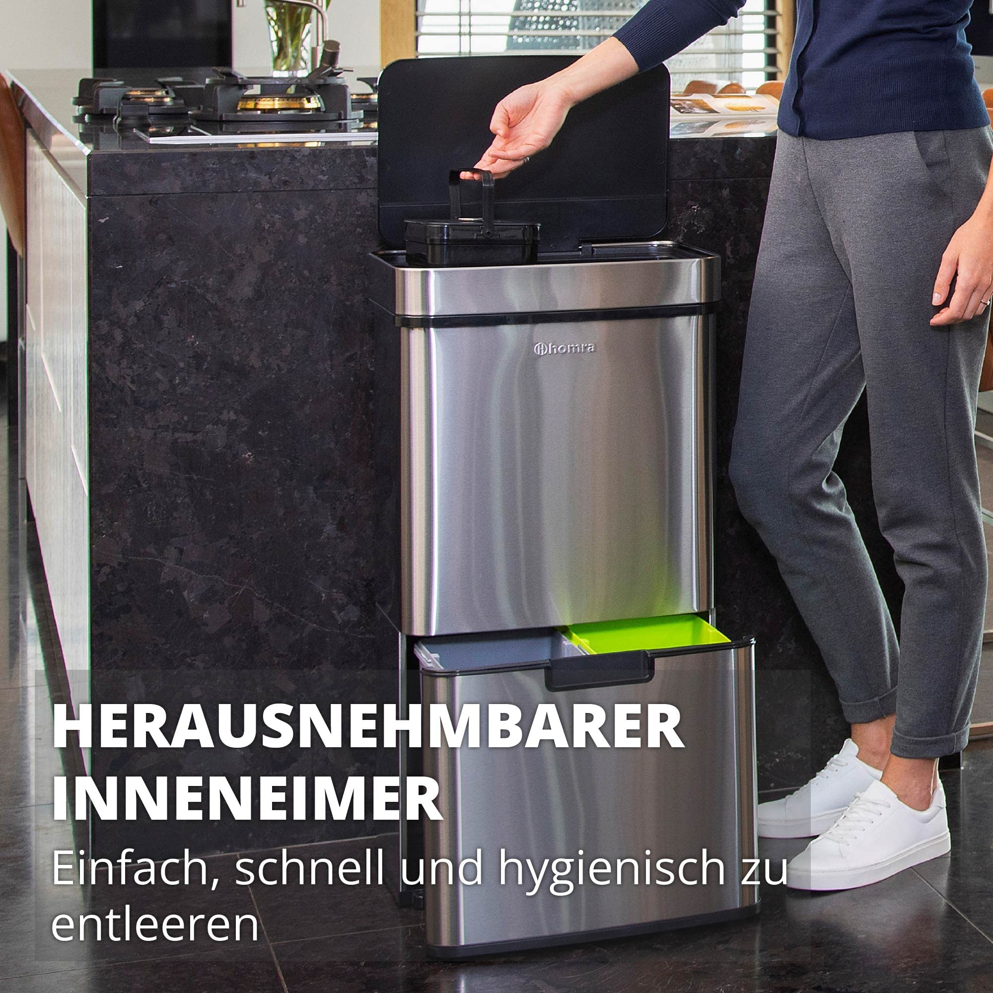 Homra® Nexo Smart Bin kosz na śmieci z czujnikiem 3 + 1 przegródkami, ze stali nierdzewnej, z czujnikiem ruchu, elektryczna segregacja śmieci, Smart Bin, system segregacji śmieci w kuchni