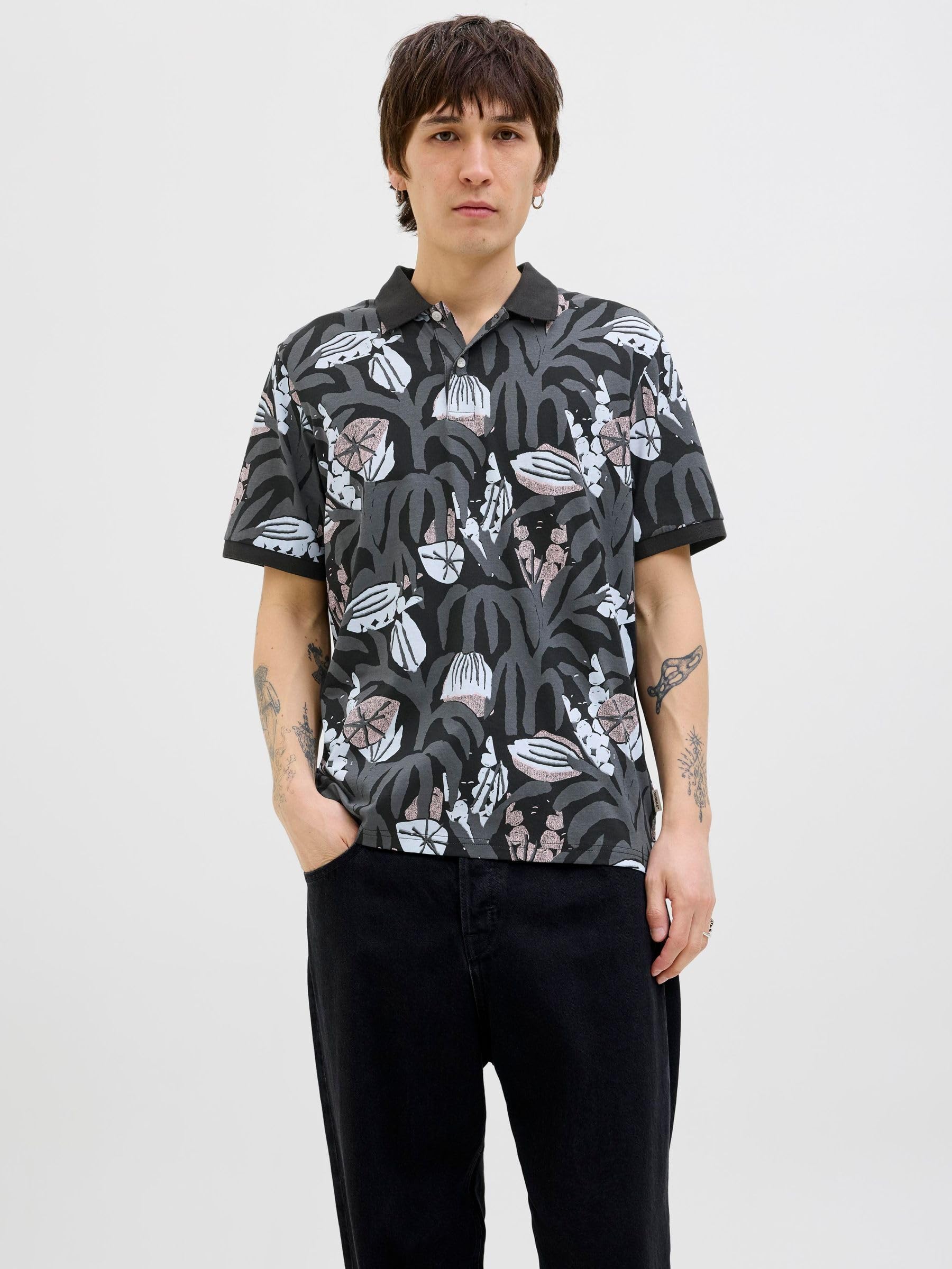 JACK & JONES Joralmeria AOP Polo Ss męskie, czarny, M