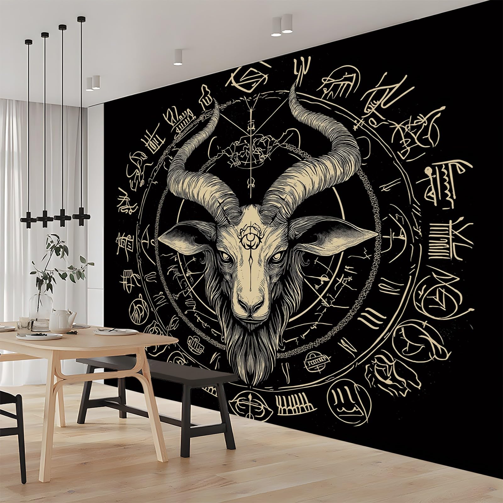 Tapeta gotycka głowa owcy symbol złota czarna 200 cm x 140 cm (szer. x wys.), fototapeta mural sypialnia pokrycie ścienne do salonu sztuka fototapeta do salonu dorośli sypialnia przedpokój kuchnia