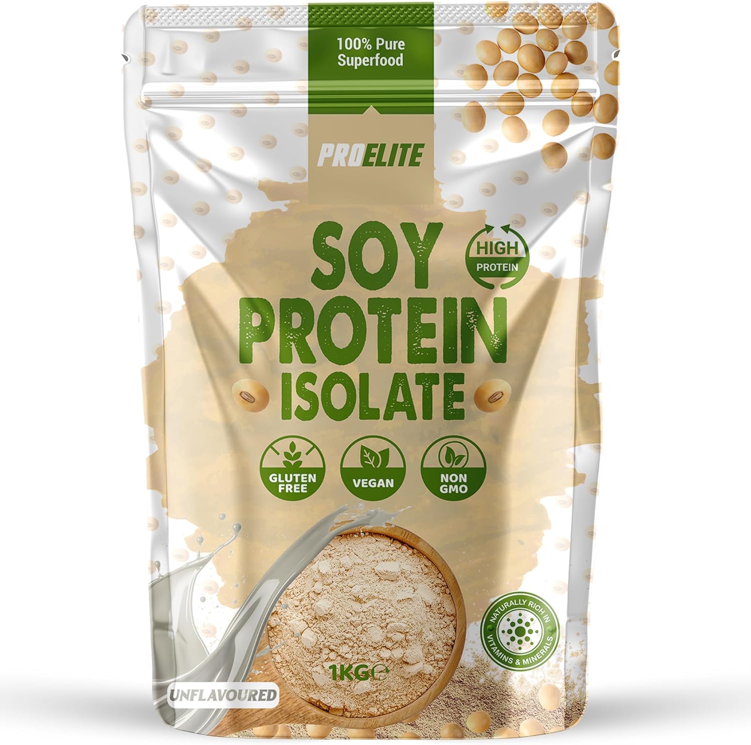 Soy Protein Isolate Powder 1kg Vegan 100% Plant Protein Gluten-Free, SOYA Protein Powder Shake for Superfood Super Greens Dairy Free Shakes by PROELITE (1KG, Unflavoured)