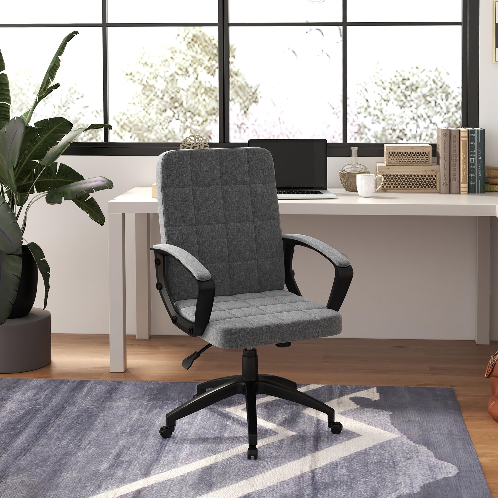 Vinsetto Silla de Oficina Silla de Escritorio Giratoria Gris Oscuro | Tapizada en Lino Sintético, Altura Ajustable, Basculante, Respaldo Medio, con Reposabrazos, Ruedas