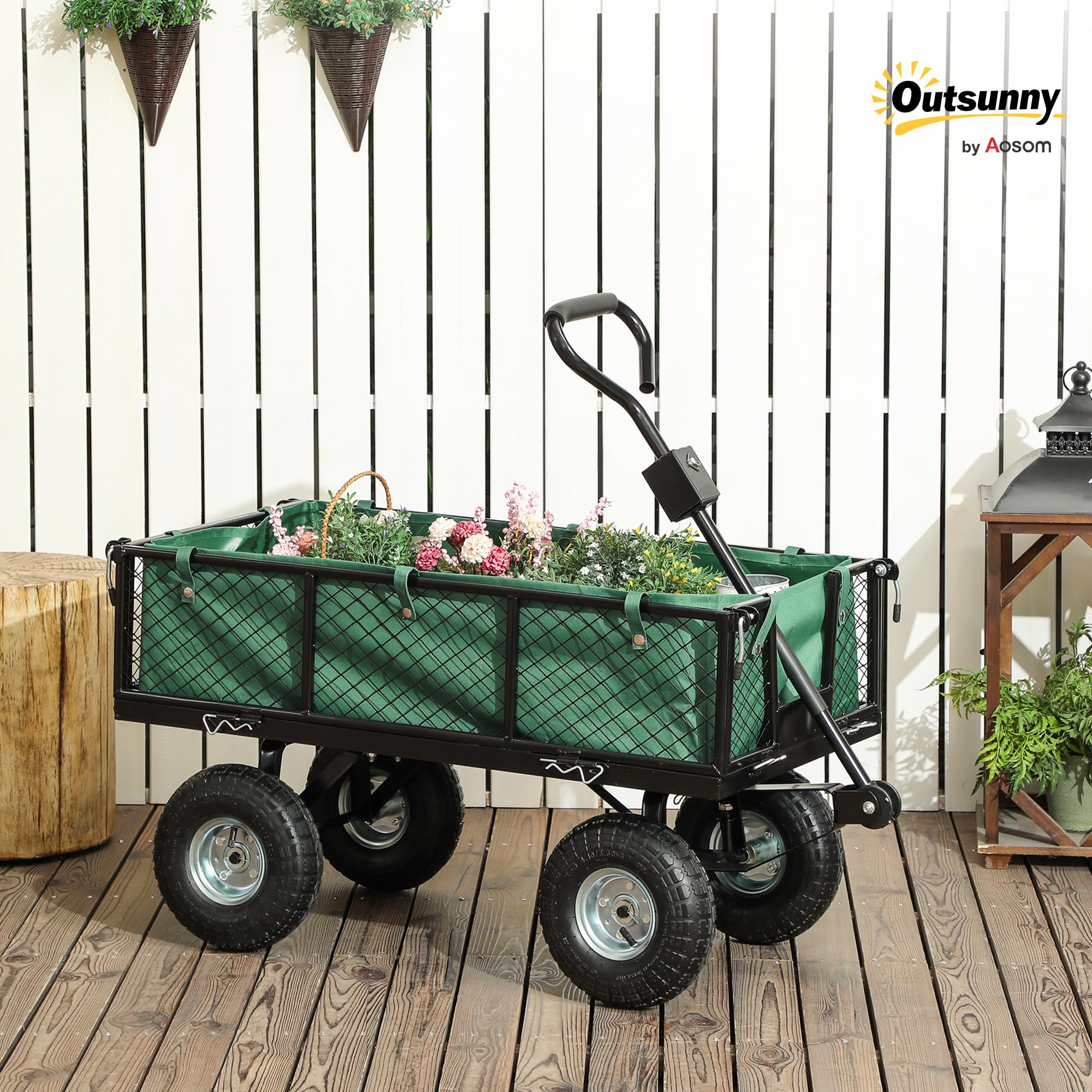 Outsunny Carrello da Giardino da 114L con 4 Ruote Grandi Capacità 200 kg, Carrello Spiaggia in Acciaio con Sacca Portaoggetti, Pareti Laterali Rimovibile e Maniglia Girevole, 105x51x54 cm, Verde