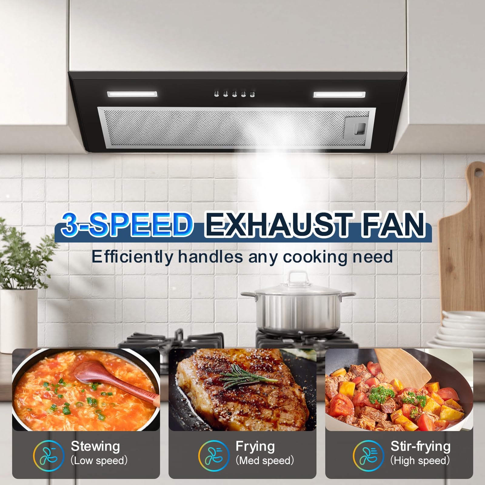 Insert Range Hood 24Inch, Built-in Kitchen Hood with 353 CFM, 3-Speed Vent Hood with Push Button Control LED Lights, Metal Filter, Suitable for Home kitchen, Compact Kitchen, Apartments - 3