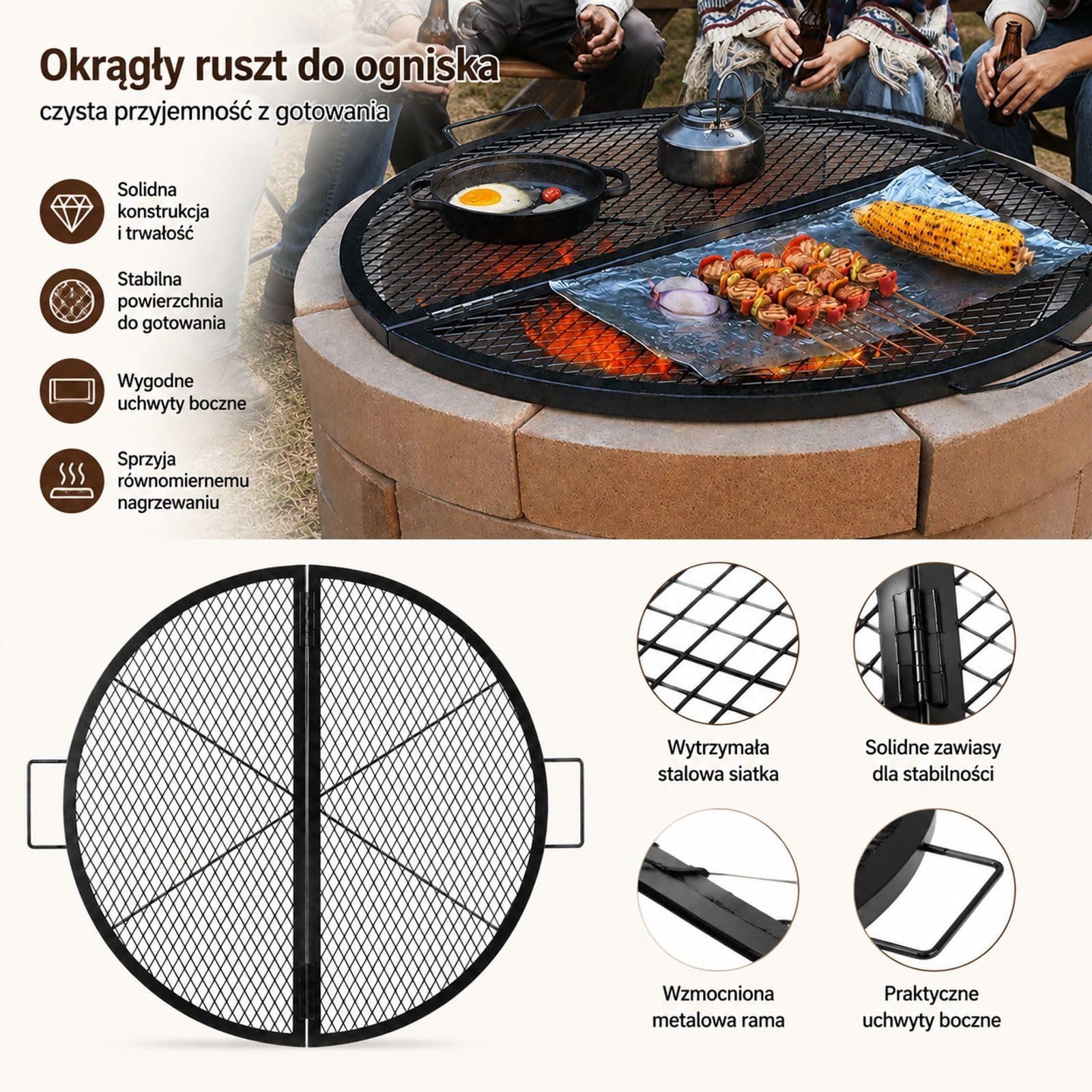 Okrągły stalowy ruszt do paleniska, składana kratka BBQ w kształcie X z uchwytem i podporą na kemping, taras oraz gotowanie na zewnątrz, czarny