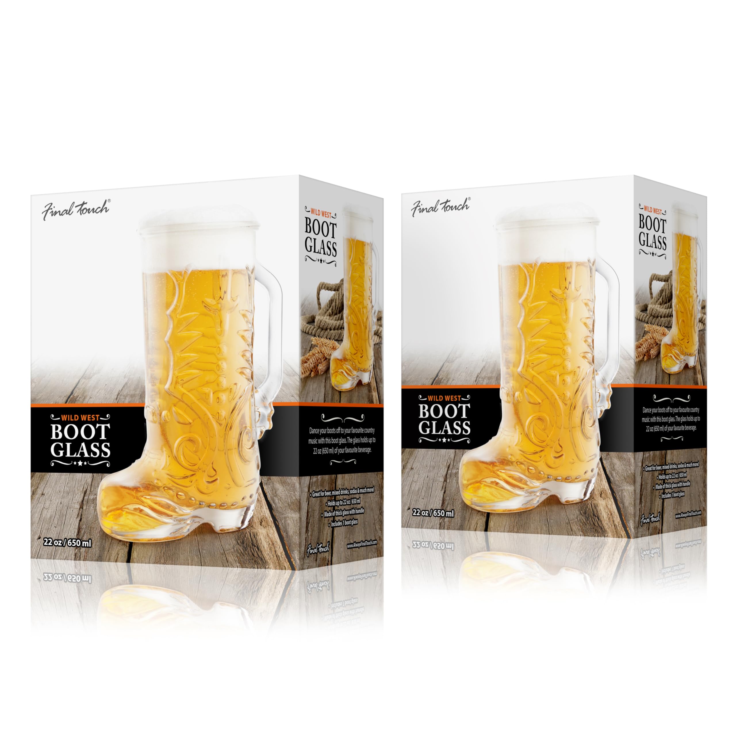 Final Touch Wild West Lot de 2 verres à bière avec poignée – Verre épais sans plomb, capacité de 650 ml, boîte cadeau rustique incluse pour cocktails et boissons