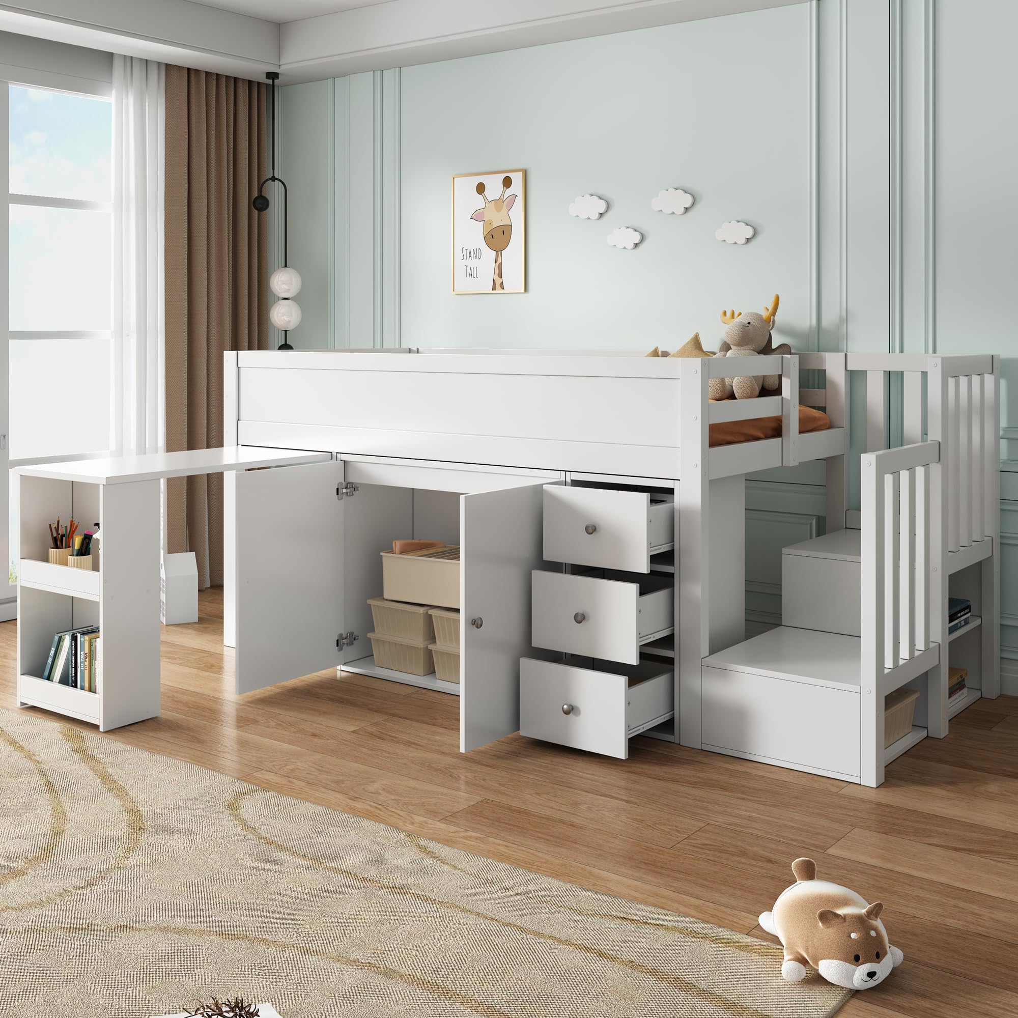 Soweiz Cuna, cama alta para niños con escritorio extensible y compartimento lateral de almacenamiento, con armario, con cajón, con escalera y armario para escaleras, sin colchón, color blanco 90 x 200