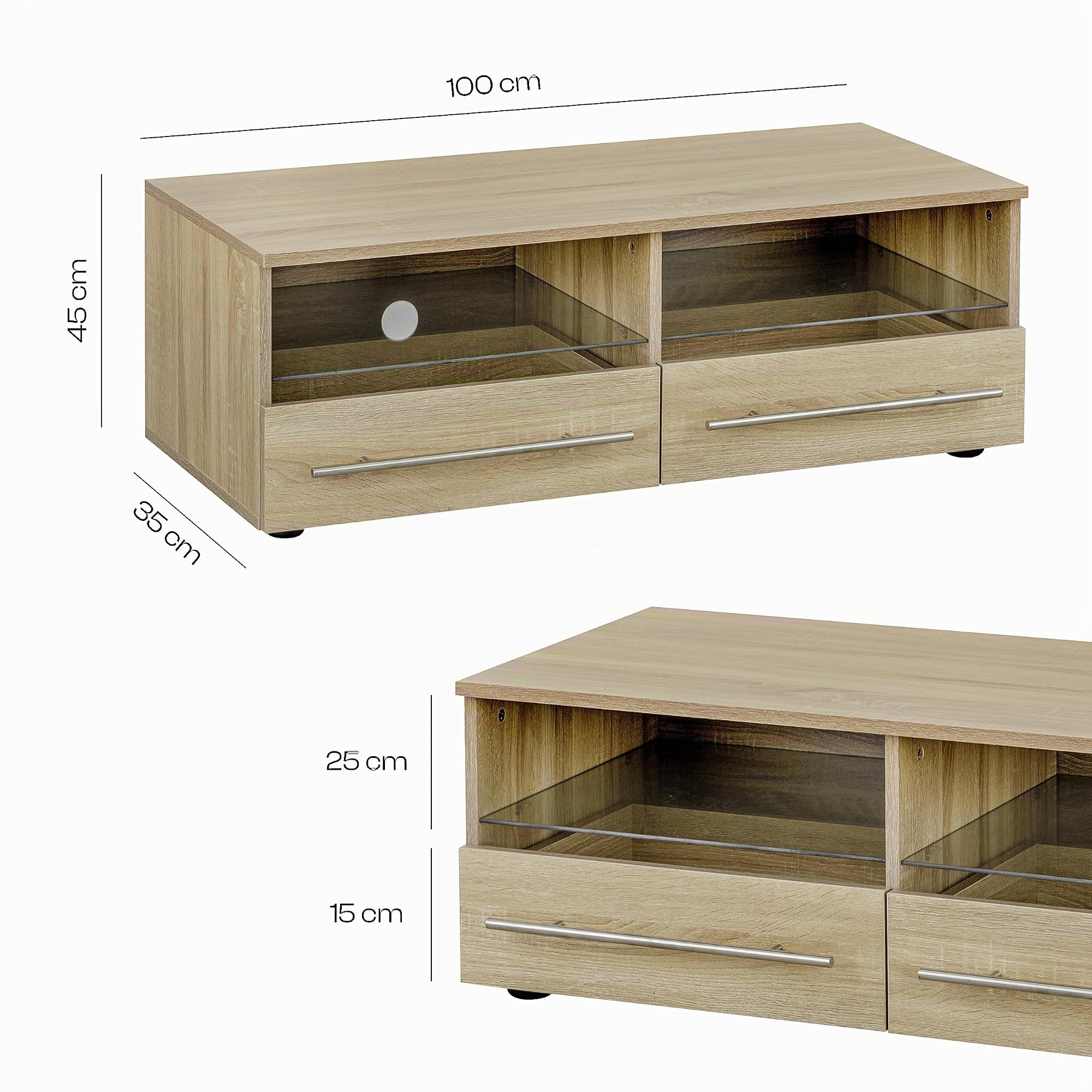Baroni Home Mobile per Tv con 2 Ripiani 2 Cassetti, Foro per Passaggio Cavi in MDF, Consolle Porta TV per Camera da Letto, Salotto, Cucina, Natural, 100x45x35 cm