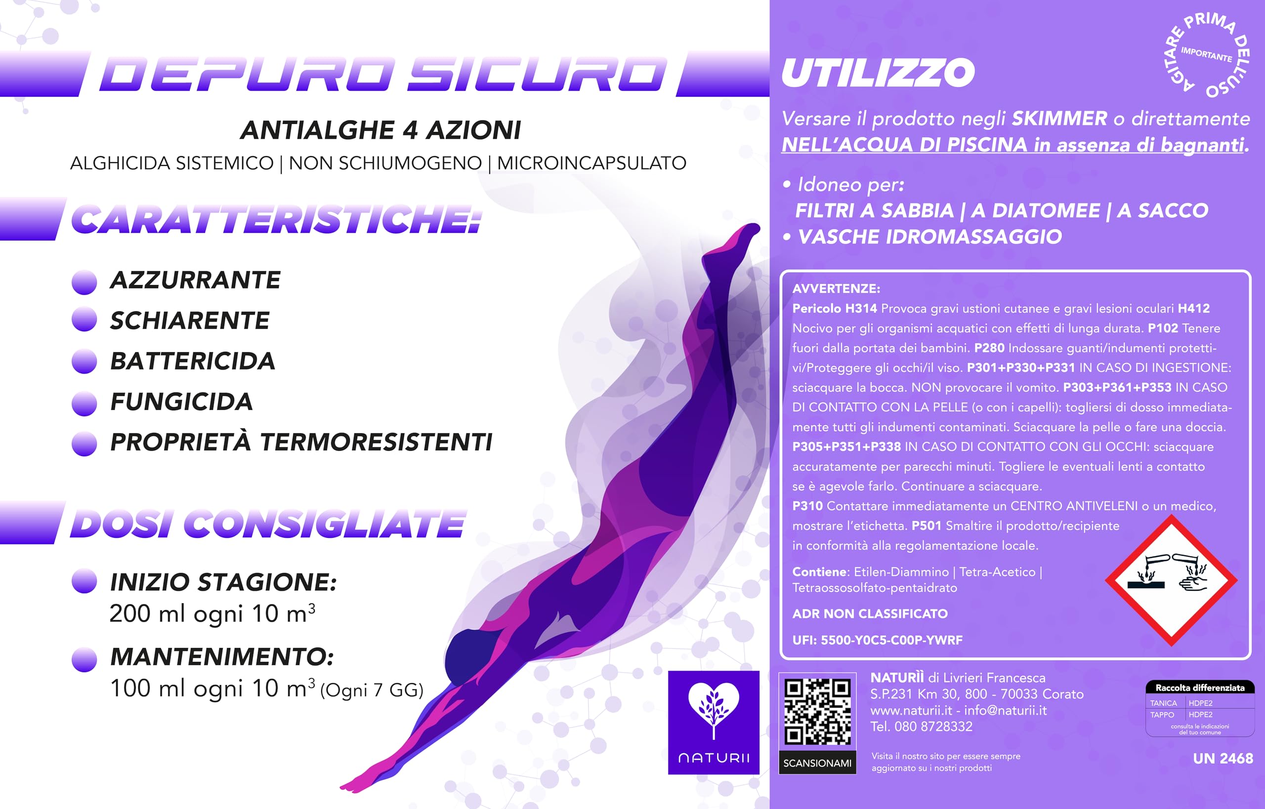 Naturìì 25 kg Antialghe Sistemico Alghicida 4 azioni Azzurrante, Schiarente, Battericida, Fungicida non Schiumogeno Mantenimento Piscina Made in Italy