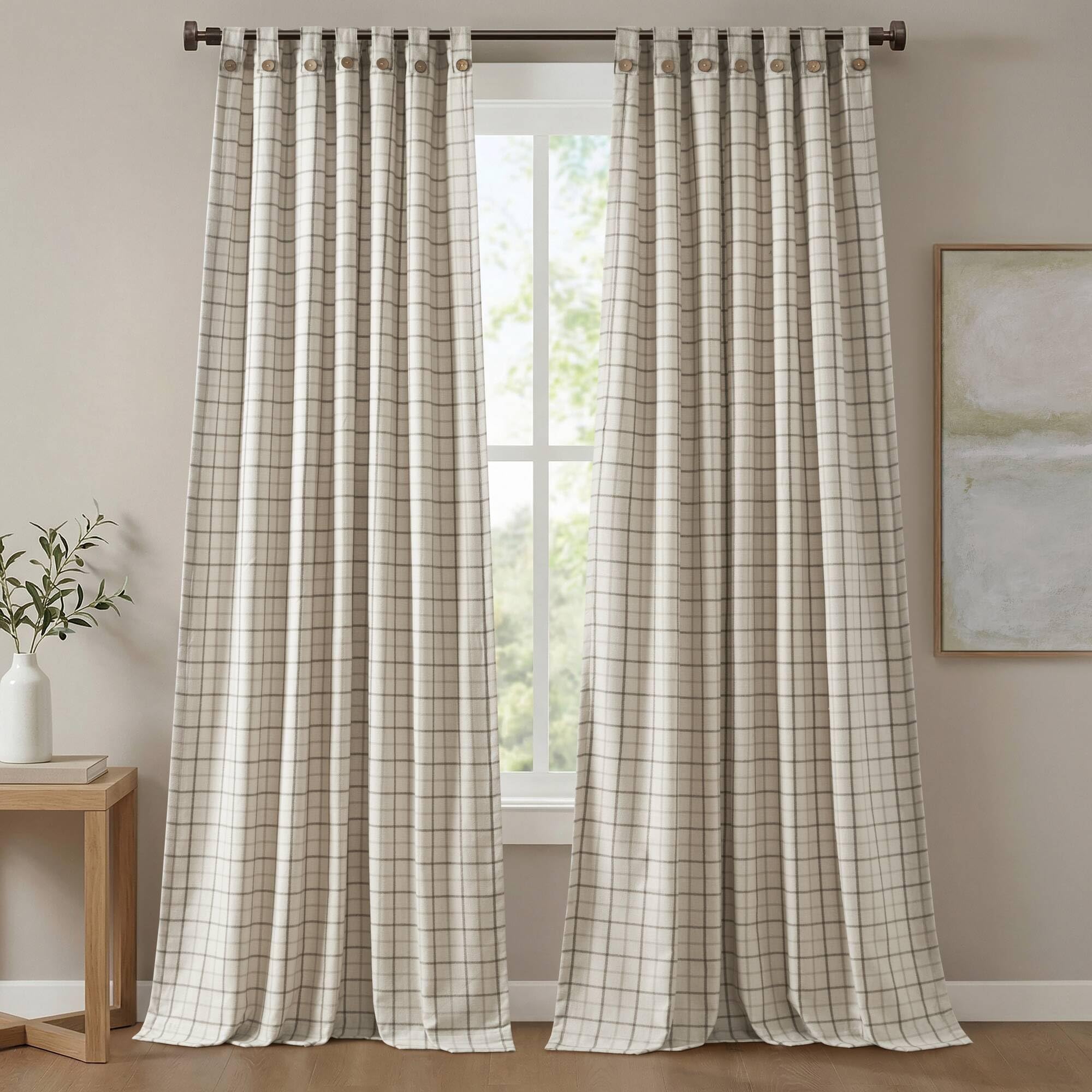 Madison Park Plaid Curtain, Fleece Lining,1 Panel, 50x95 Natural Front Tab