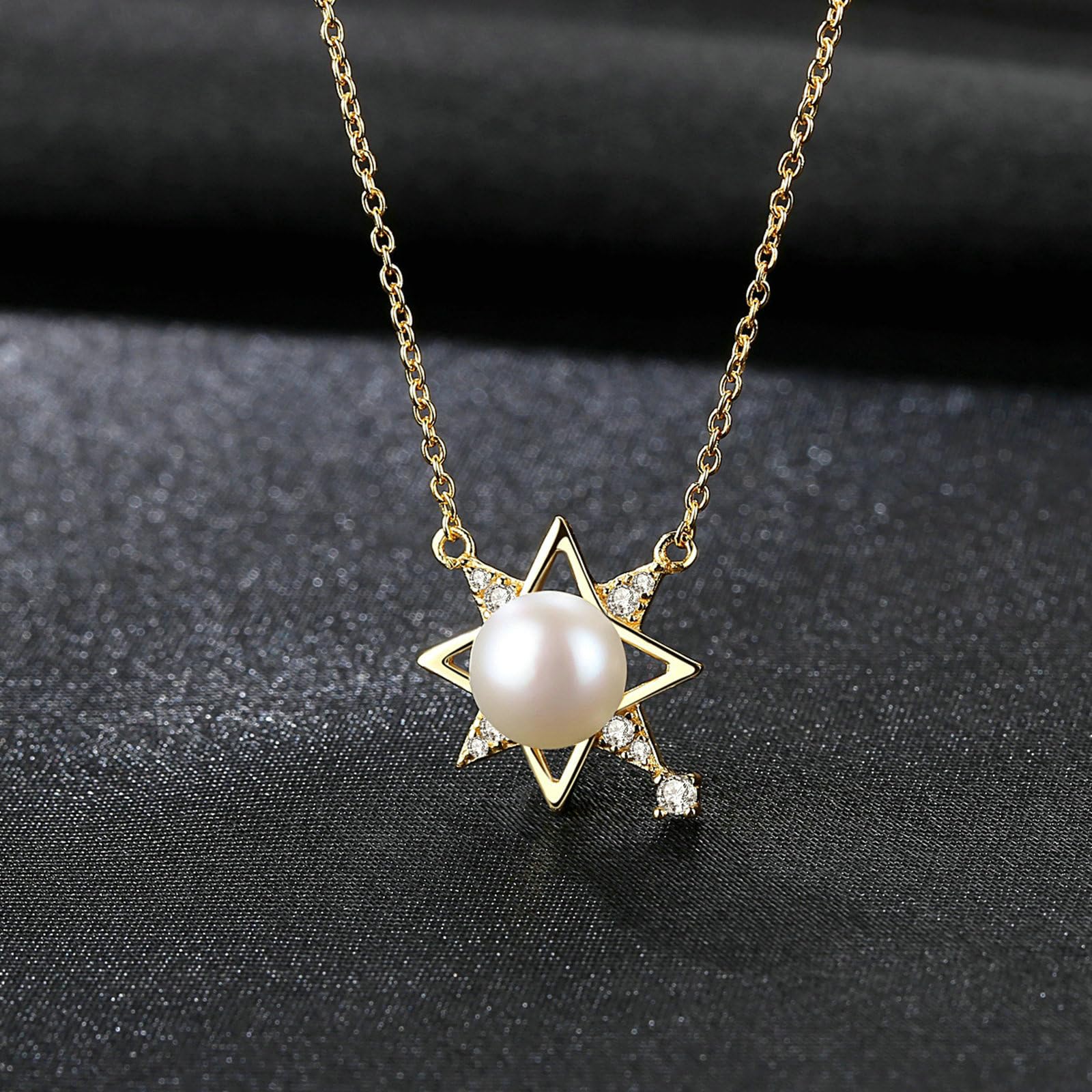 AAA łańcuszek damski ze złota próby 585, zawieszka charms oktagram z perłą i diamencikami, łańcuszek na szyję dla kobiet, 45 cm, bez nik
