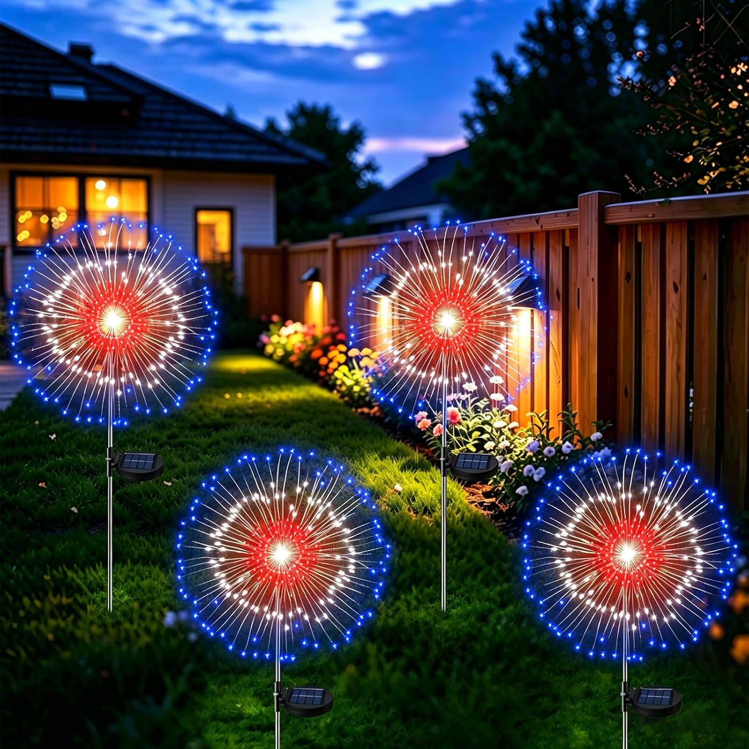 4 Pack 4th of July Solar Fireworks Lights Outdoor, 210 LED Red White and Blue Solar Lights Outdoor Decorations, Patriotic Solars Light with 8 Modes for Forth of July Yard Outside Decorations