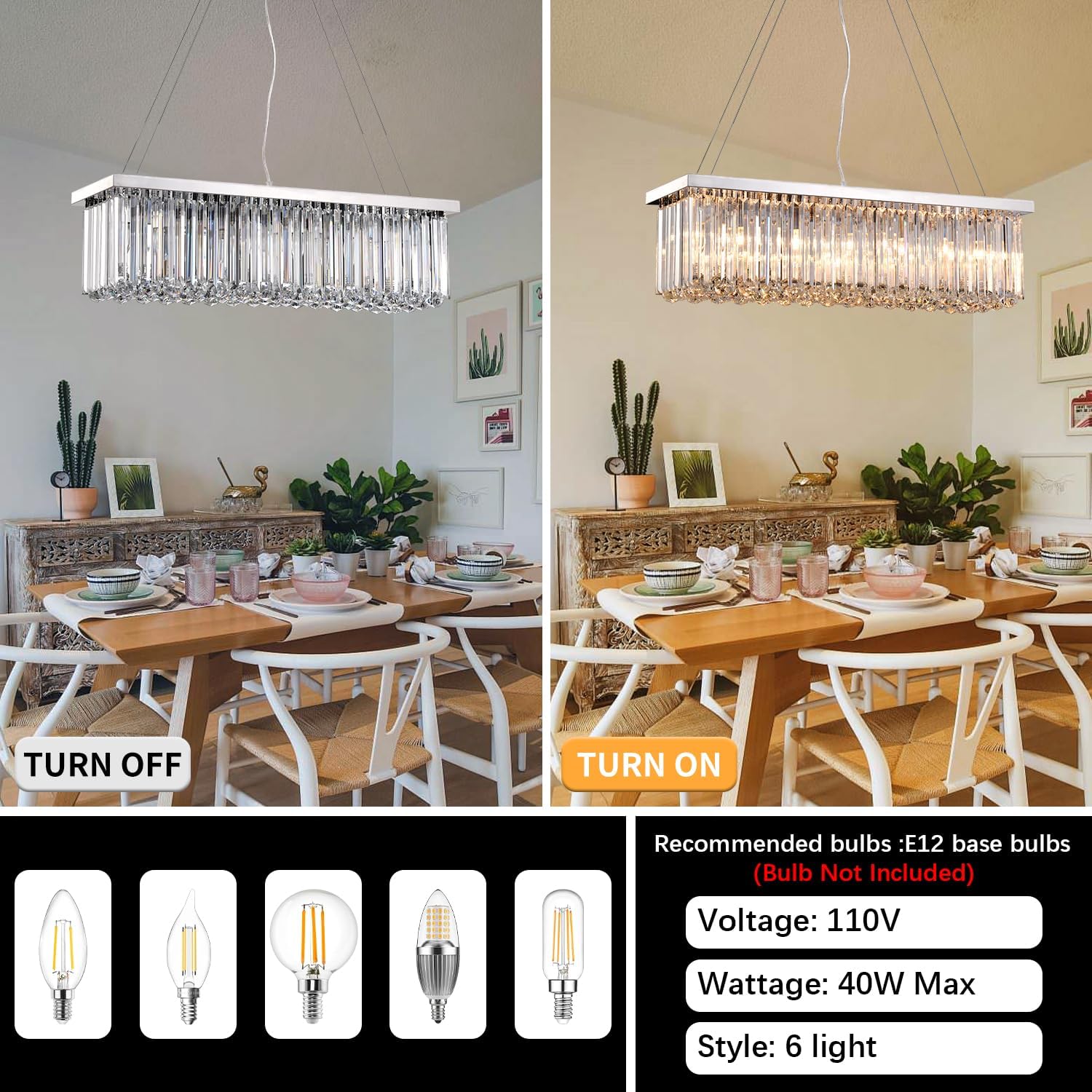 Modern Silver Rectangular Crystal Chandelier, Dining Room Chandeliers Over Table, Luxury Chrome Pendant Ceiling Light Fixtures for Kitchen Island, Living Room, Bar of CRYSTOP