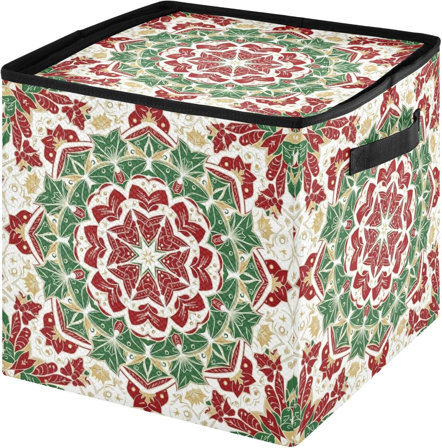 High Capacity Christmas Ornament Storage Box Holds Up to 64, Adjustable Dividers, Zippered Top, Two Handles handy Holiday Storage Case with Lid,Boho Merry Christmas Mandala Green Red