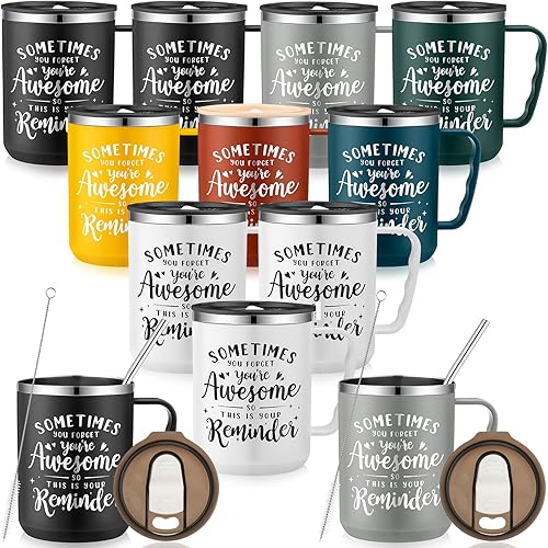 Lallisa 12 tazas de café de viaje a granel de 17 onzas con asa de tapa para mujeres, regalos de agradecimiento, vasos de acero inoxidable, taza