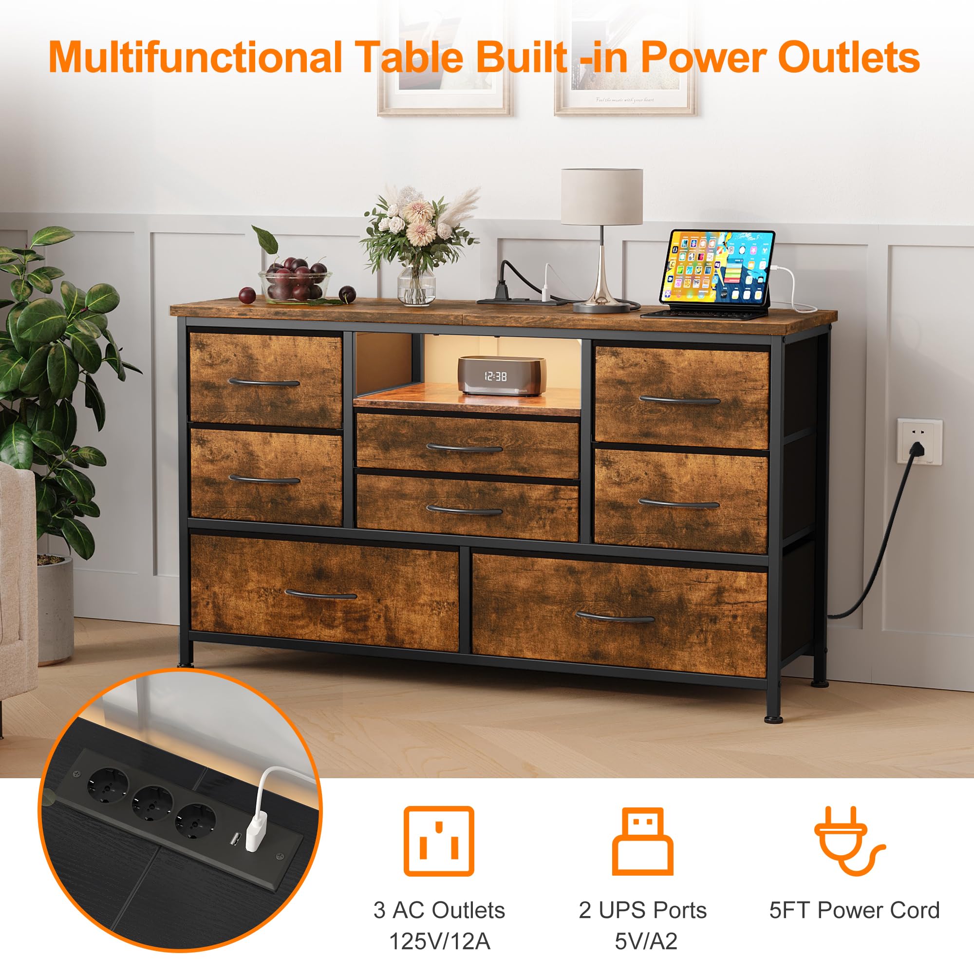 Garvee Commode de Chambre 8 Tiroirs en Tissu, Meuble TV avec Lumière LED, Station de Charge, Meuble de Rangement pour Chambre Enfants, Salon, Couloir