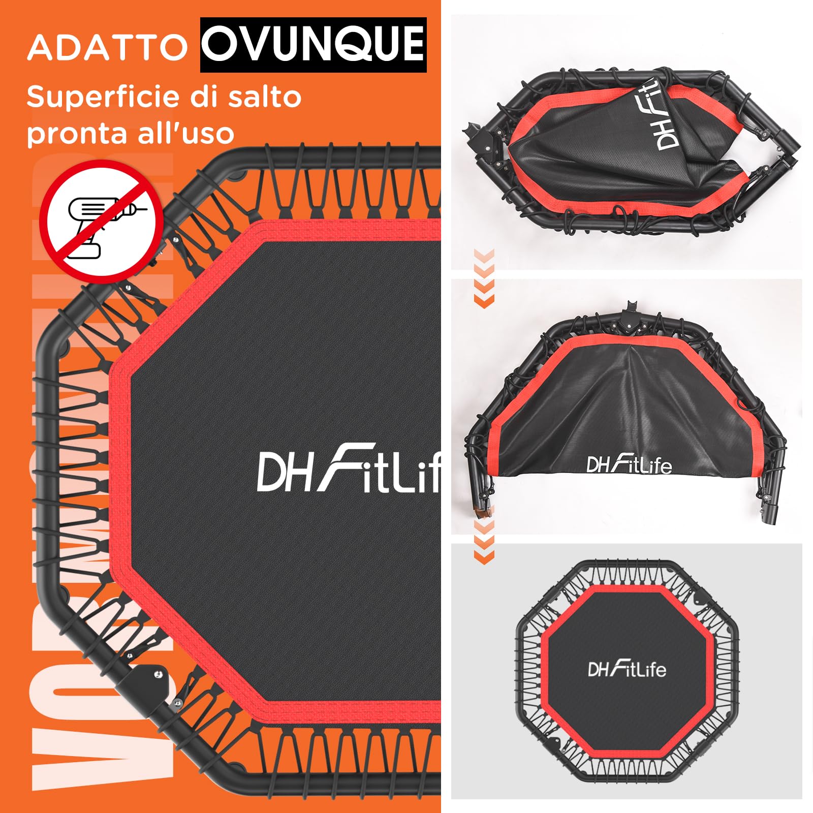 DH FitLife Trampolino Fitness Pieghevole Ø 115/128 cm | Silenzioso con Sospensione in Gomma | Senza Installazione | Maniglia Regolabile a 3 Livelli | Per Interni ed Esterni