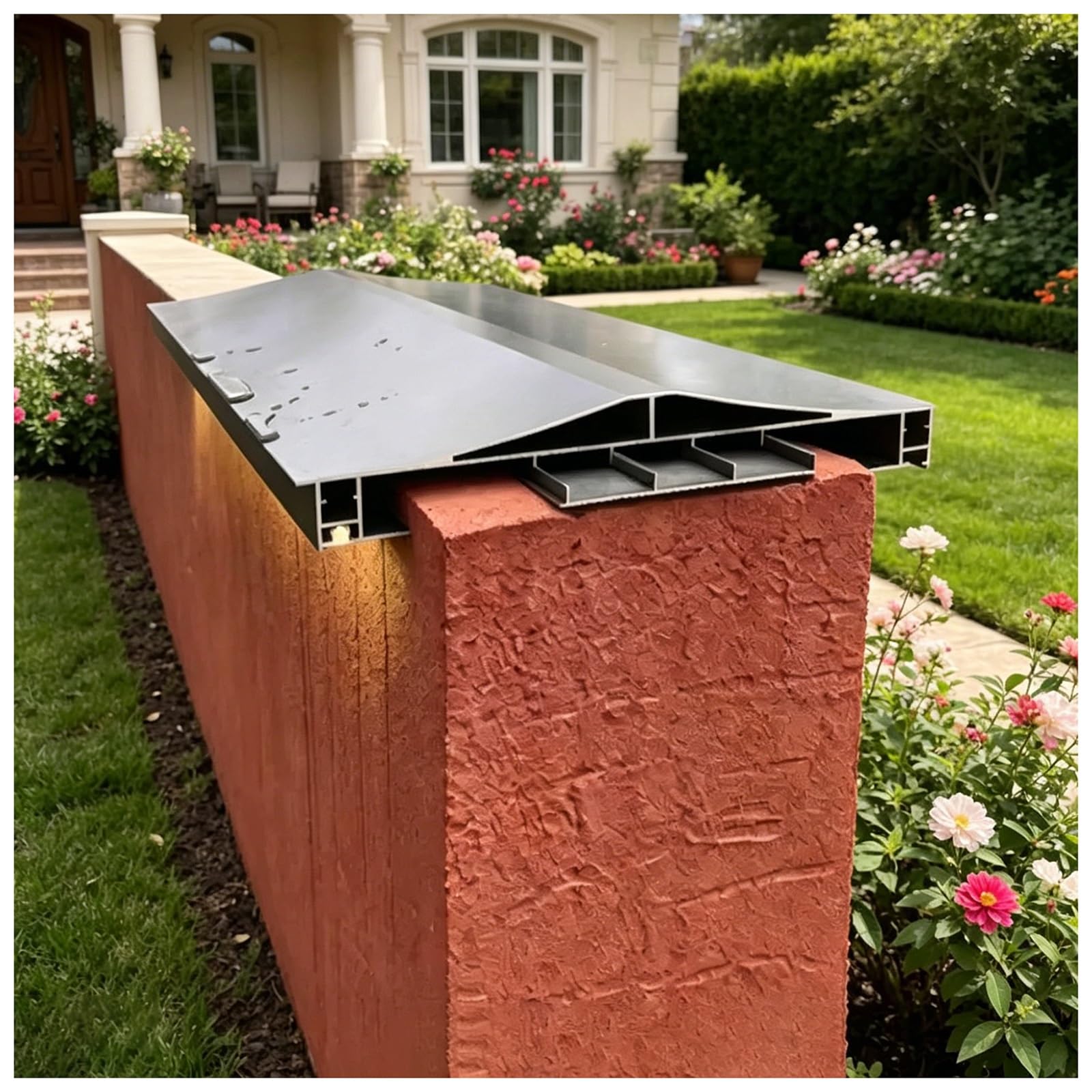 Lxlzyxsf 206Mm(8-1/8")W Garden Parapet Wall Coping/Topper/Accent Cap For Brick Concrete Masonry Walls, Roof-Ridge-Shaped Cover Board With Light Strip Channels, Aluminum(/8") W,7Ft(213Cm) L)