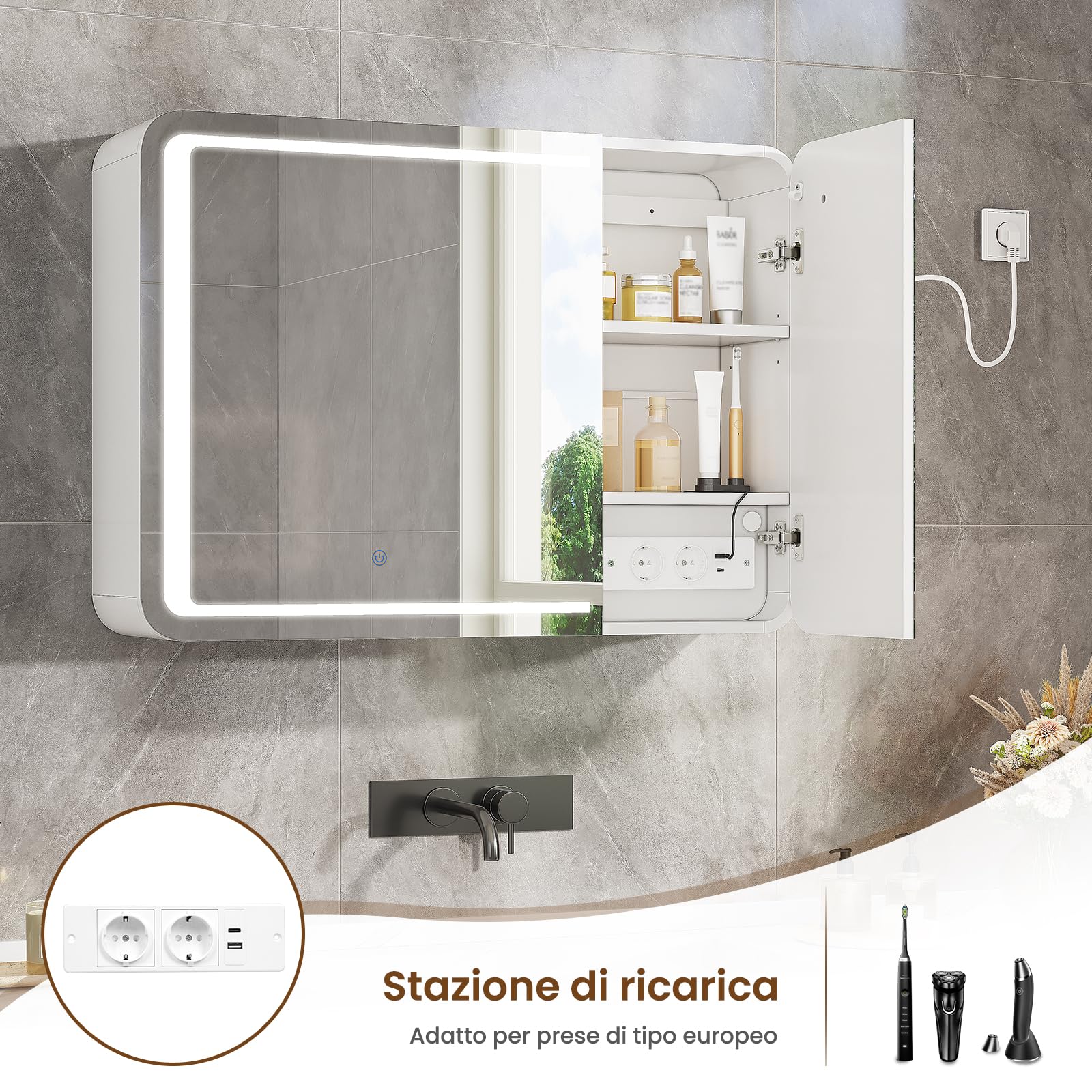 Specchio Bagno con Luce LED Regolabile, Specchio Bagno Contenitore 80x15x60 cm con Presa Elettrica, 2 Ante Specchiera Bagno con Ripiani Regolabili, Specchio Grande HD, Pulsante Touch, Bianco