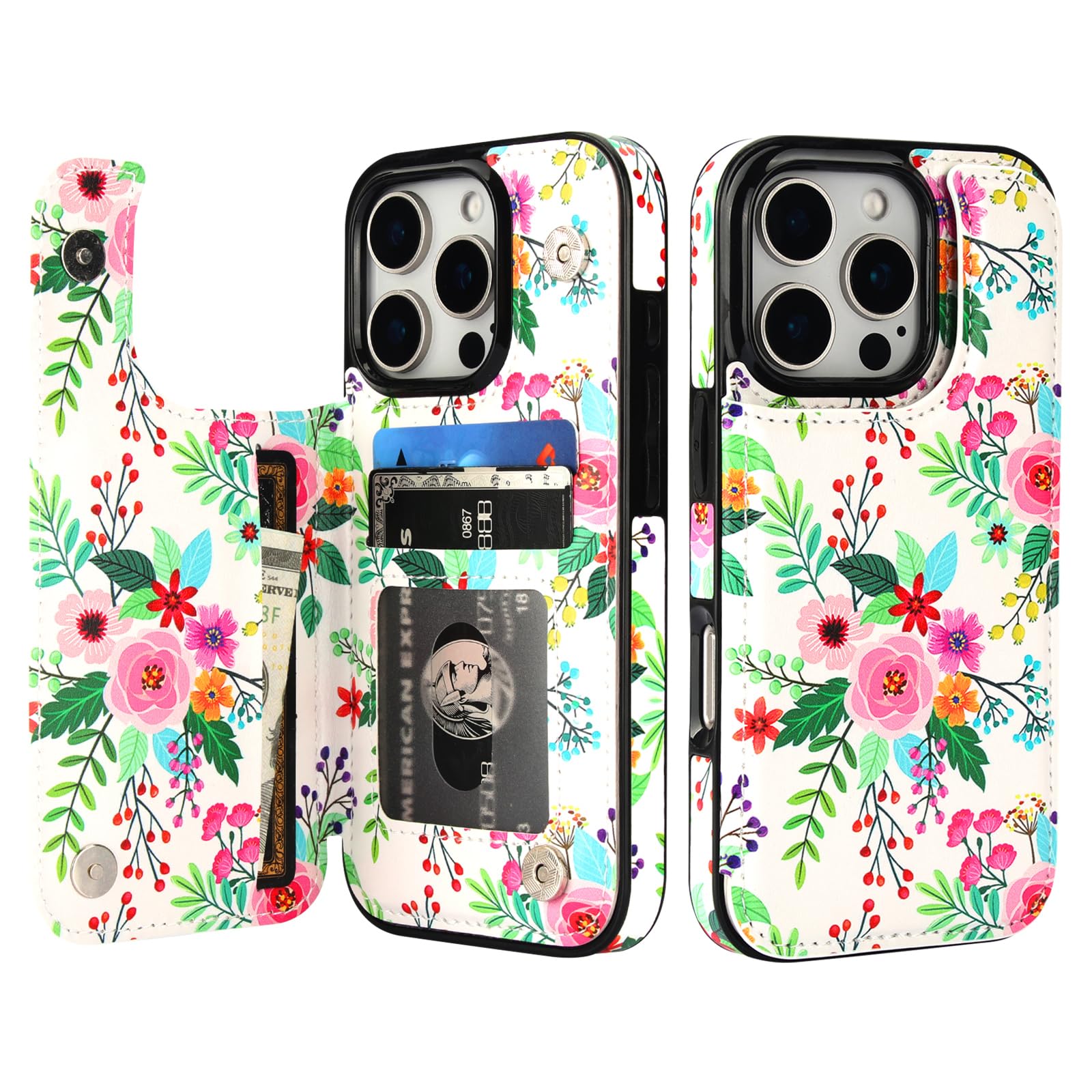 HAOPINSH for iPhone 16 Pro Wallet Case with Card Holder, Colorful Florals Pattern Back Flip Folio PU Leather Kickstand Card Slots Case for Women Girls