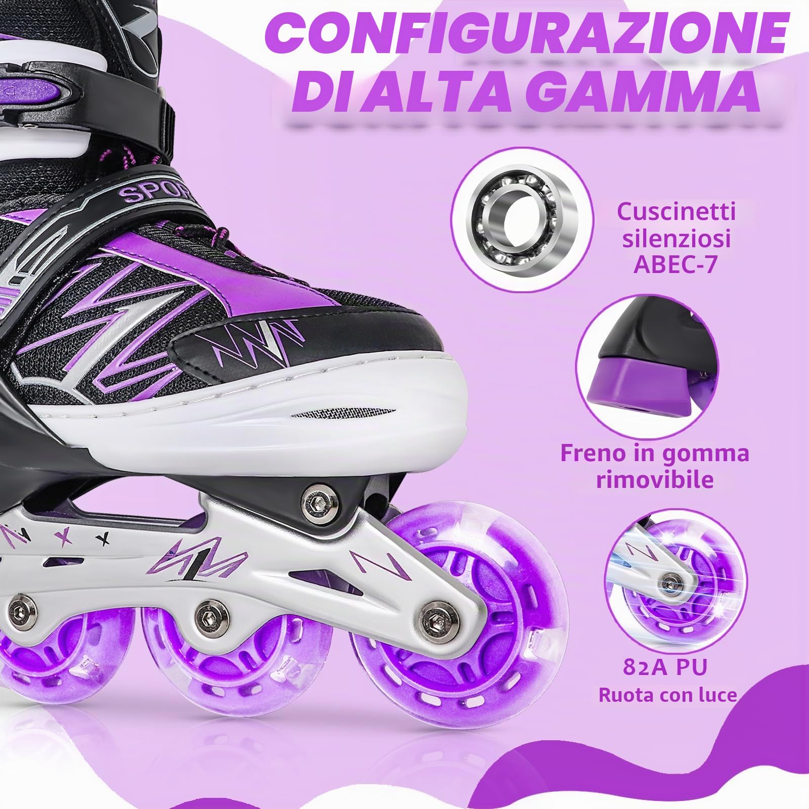 Pattini in linea regolabili per bambini ragazze ragazzi principianti, Pattini a rotelle rosso e viola per bambino e adolescente per lo sport