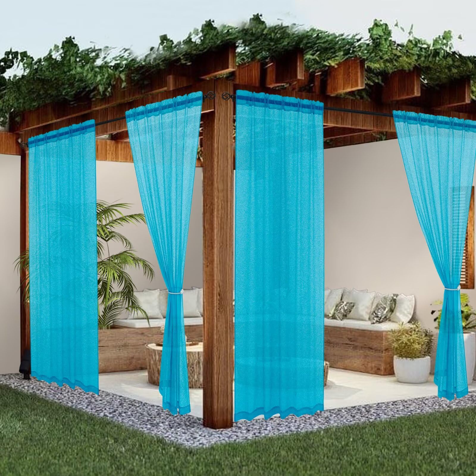 youleyar Sheer Outdoor Curtains for Patio Waterproof 4 Panels Linen Look Rod Pocket Indoor Aqua Voile Curtain for Living Room, Bedroom, Porch, Pergola, Cabana, Gazebo(52x108 Inch, Aqua) — image 1