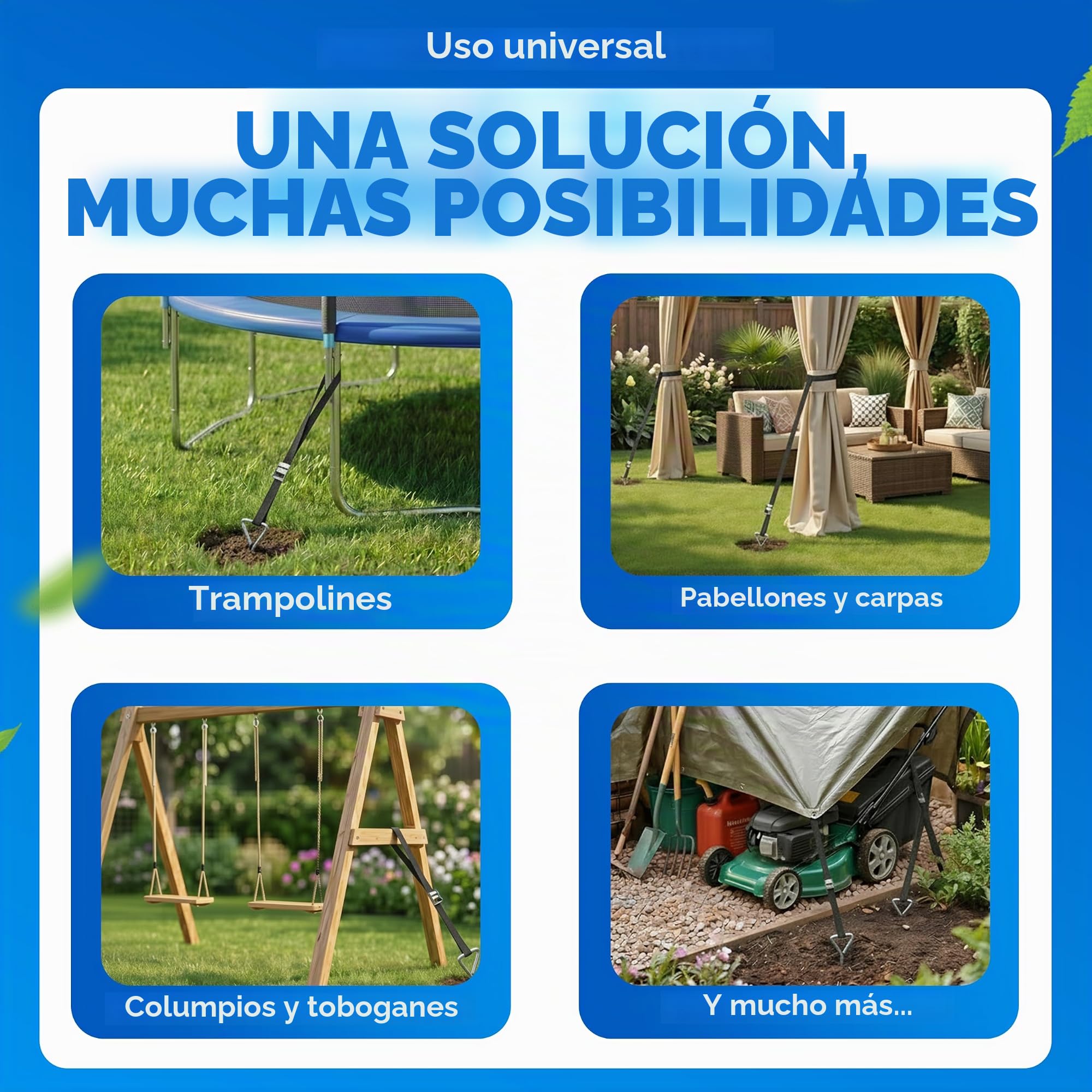 MONZANA Kit de 4 Anclajes en Espiral al Suelo 5 Piquetas 4 Correas de Fijación máx.900Kg Trampolín