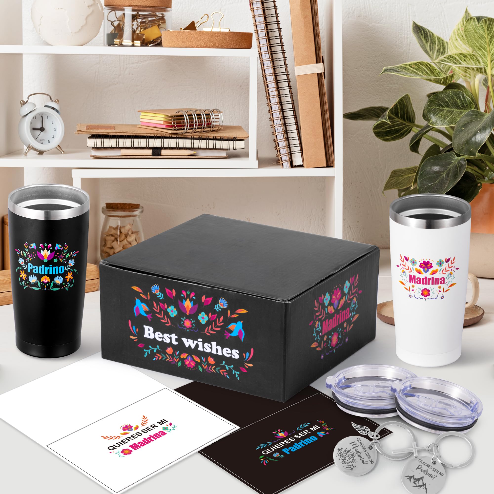R HORSE Godparents Proposal Gift - Padrinos Madrina Proposal Gift 20oz Stainless Steel Insulated Tumbler Set with Keychain & Card, Christmas Baptism Birthday Gifts for Godmother Godfather In Spanish