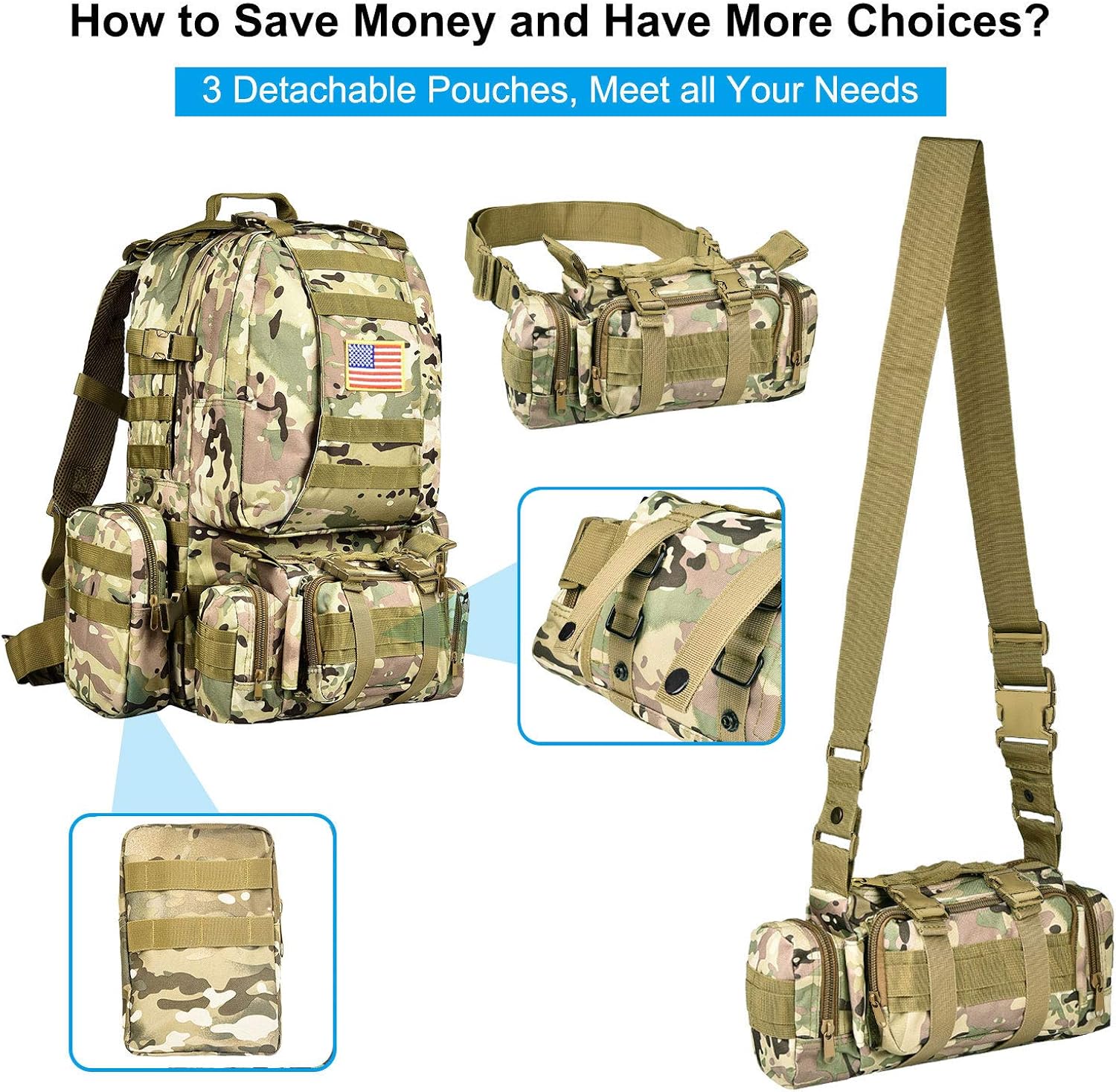 NOOLA Tactical Military Backpack Army Assault Pack Molle Bag Detachable Rucksack