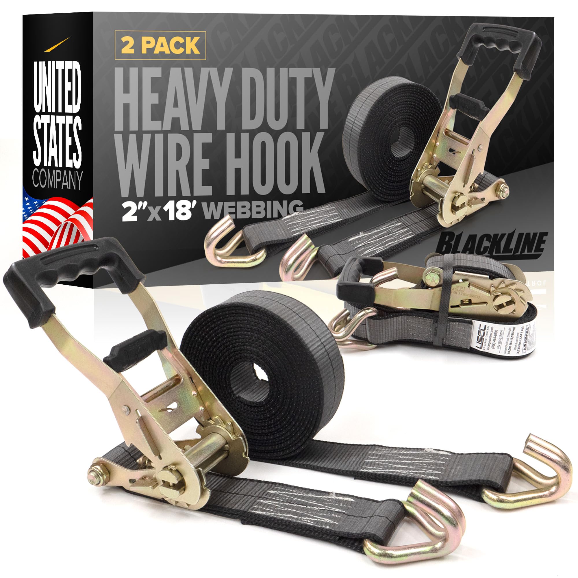 US Cargo Control Blackline Ratchet Straps Heavy Duty (2-Pack), 2 Inch x 18 Foot Black Ratchet Straps with Double J Hooks, 13,000 LBS Break Strength, Heavy Duty Tie Downs for Trucks and Trailers
