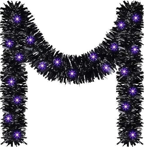 Vista 2 de Chuangdi Guirnalda de oropel de Halloween de 16.4 pies iluminada con 50 luces LED, funciona con pilas, decoración de oropel metálica colgante